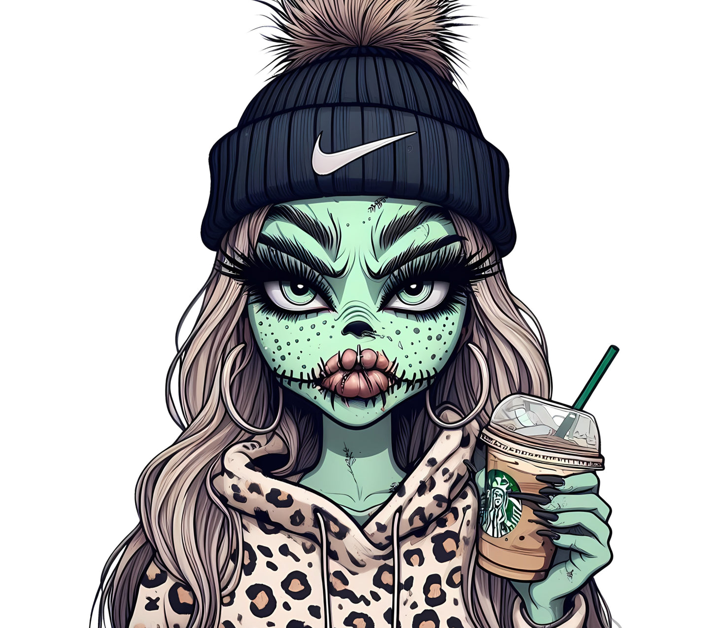 Funky Alien Girl Drinking Starbucks Coffee Illustration, Trendy Urban Hipster Style Art Print, Unique Wall Decor