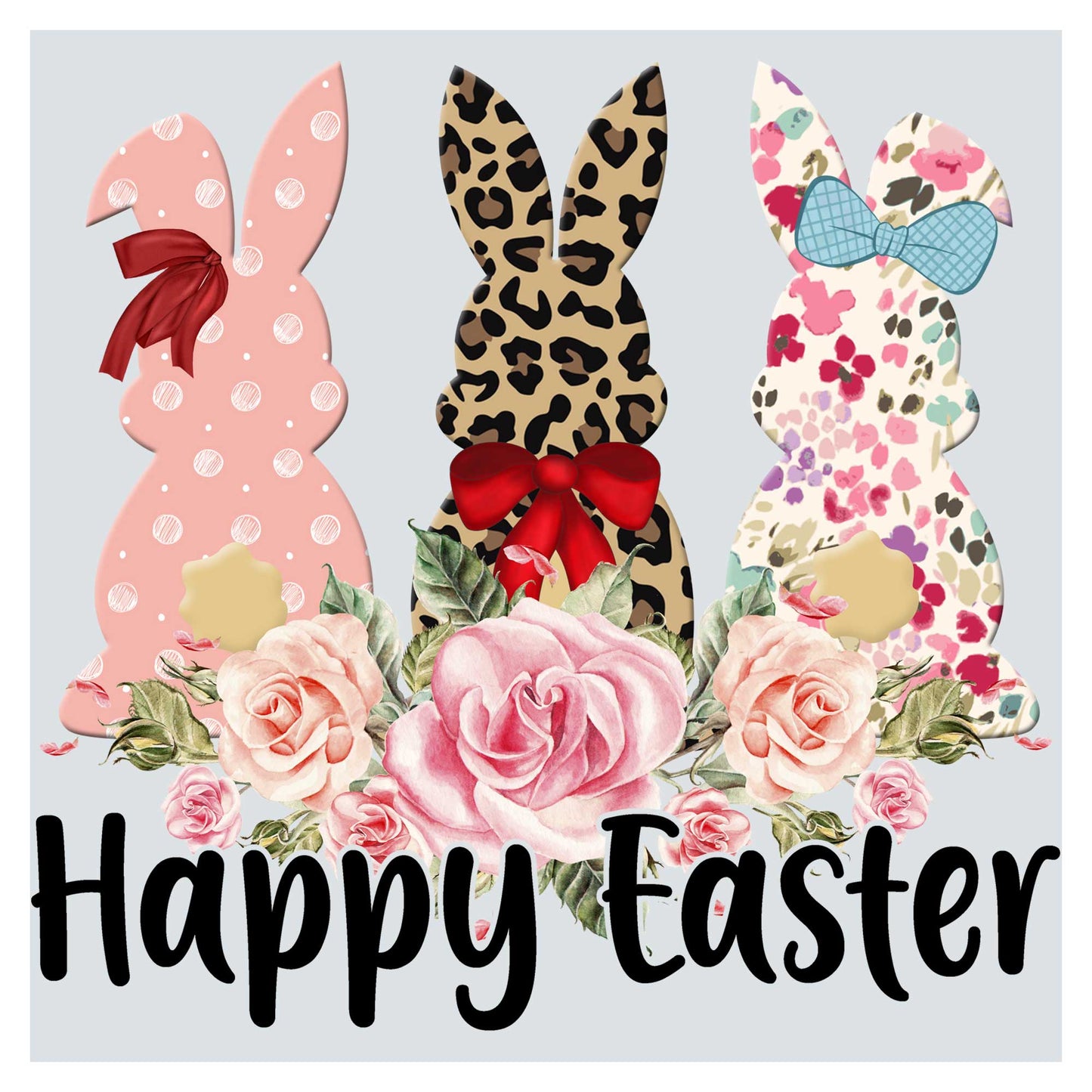 a happy easter card with three bunnies and roses