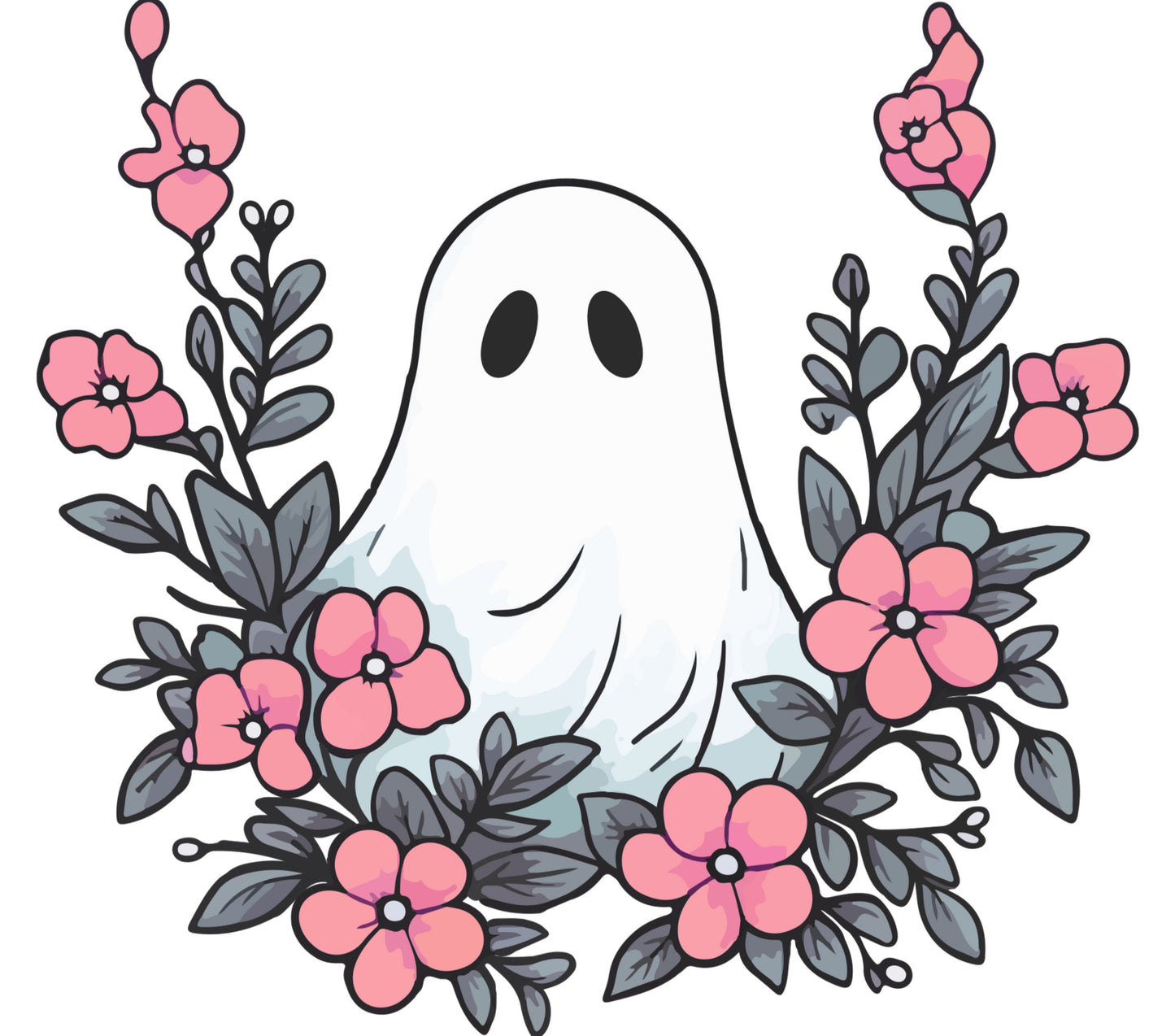 Cute Ghost Illustration Floral Wreath Print, Charming Pink Flowers Art, Whimsical Ghost Decor, Digital Download Nursery Art