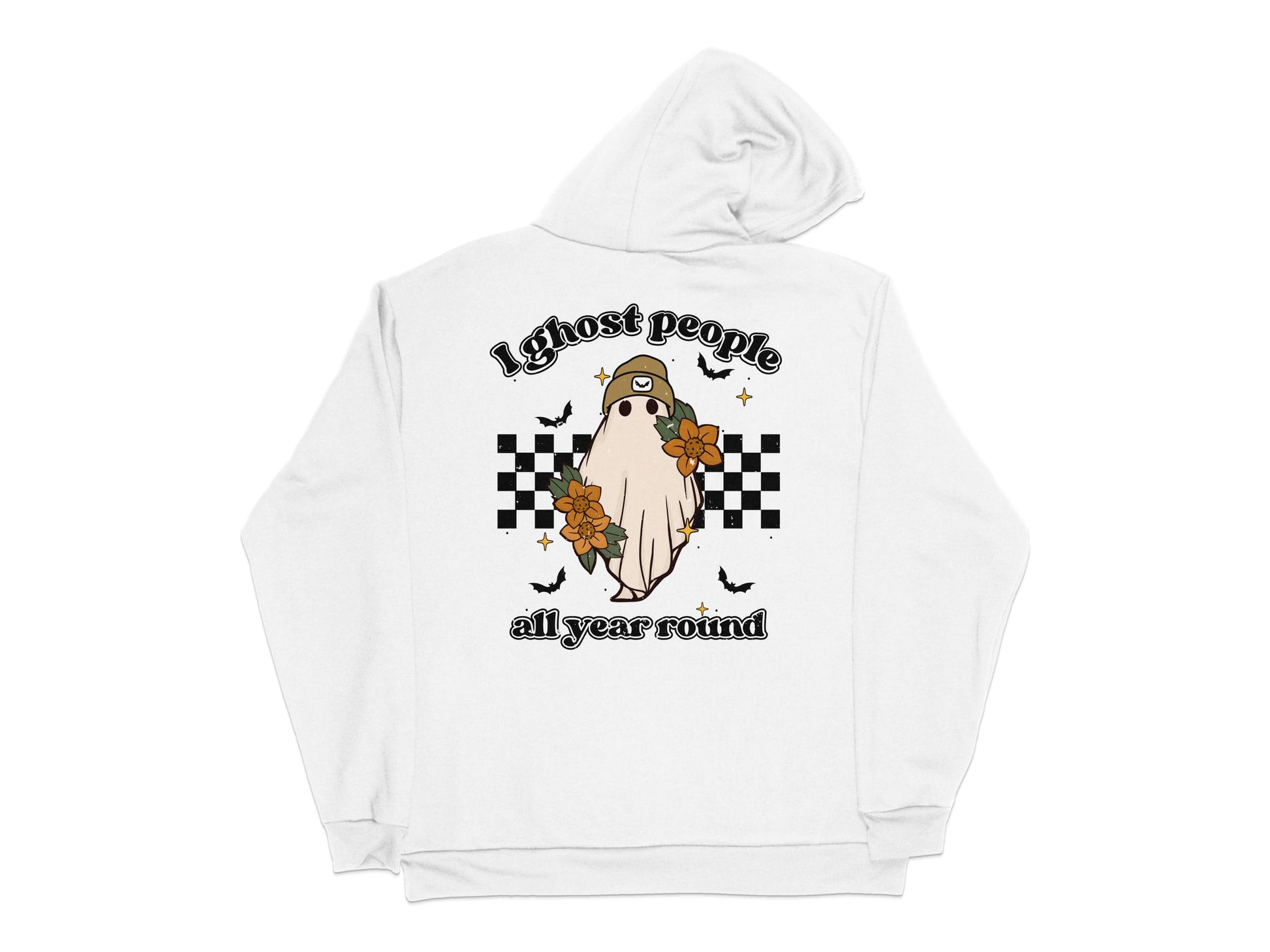 Cute Ghost Hoodie, Checkerboard Pattern, Floral Accent, 'Ghost People All Year Round' Sweatshirt