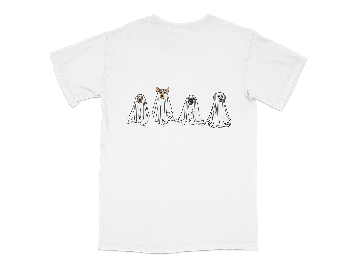 Halloween Ghost Dog T-Shirt, Cute Spooky Animal Graphic Tee, White Cotton Unisex Casual Shirt for All Ages