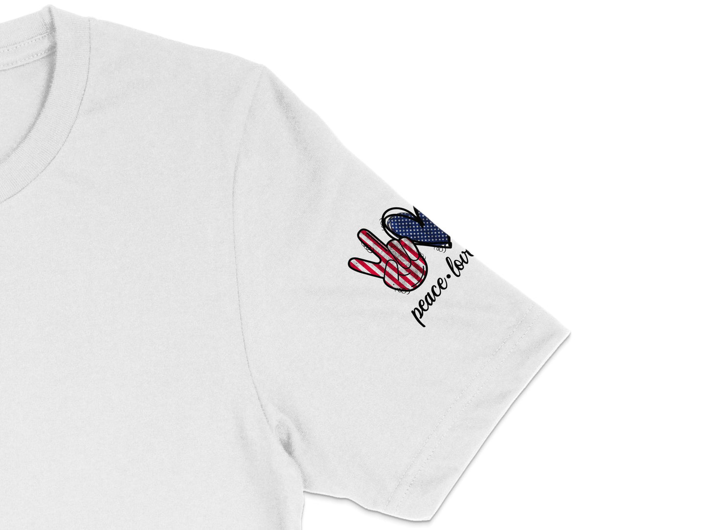 Peace Love Embroidered T-Shirt, Minimalist Graphic Tee, Patriotic Hand Sign, Casual White Top