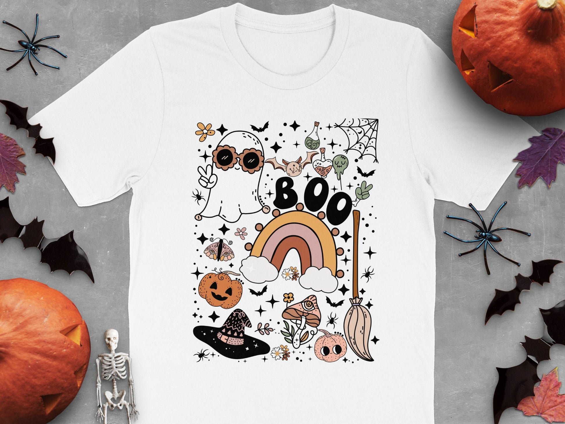 Halloween T-Shirt Cute Ghosts Pumpkins Spiders Rainbow Boo Graphic Tee for All Ages