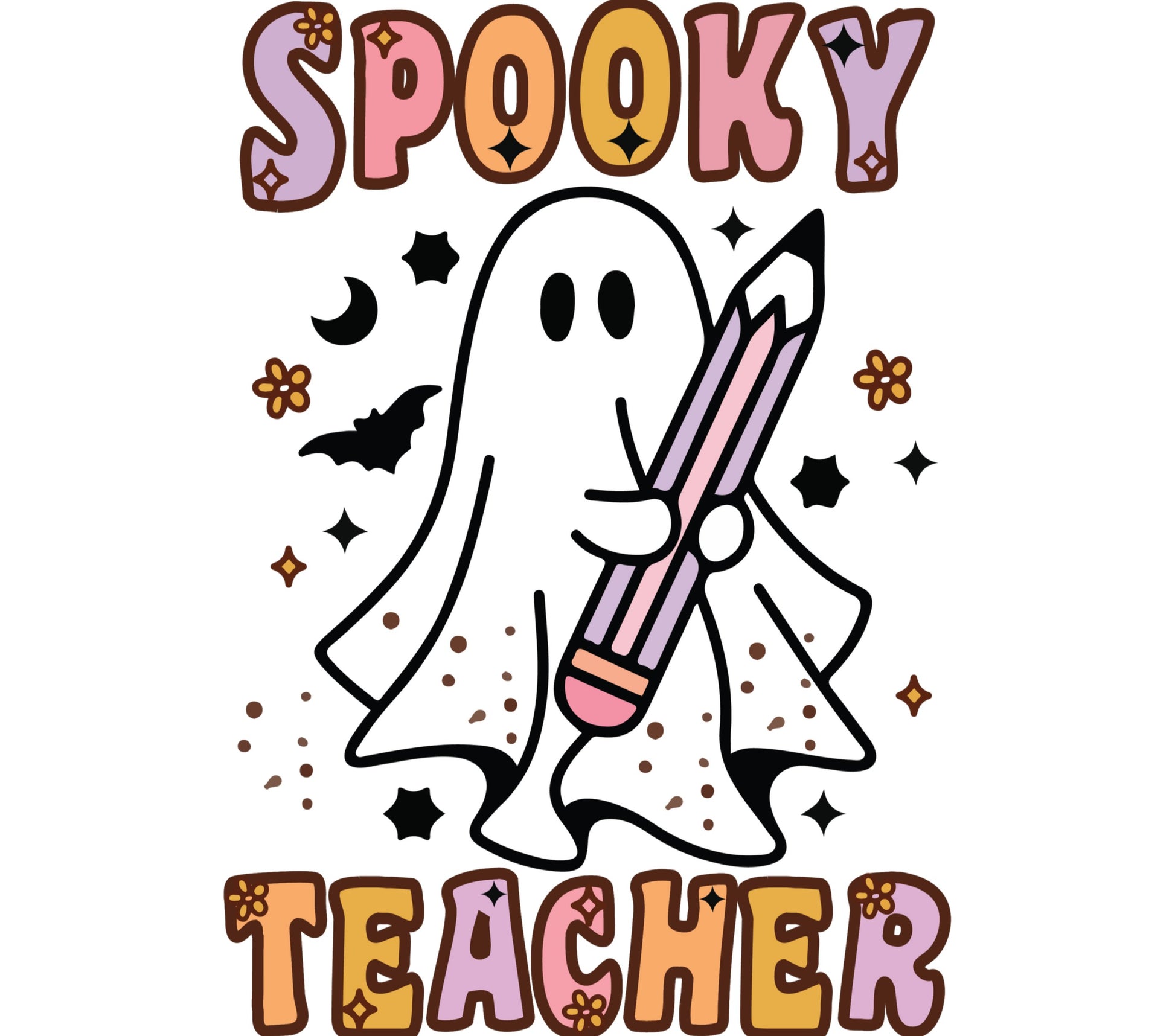 Cute Spooky Teacher Ghost Halloween T-Shirt Design, Cartoon Ghost with Pencil, Fun October Apparel for Educators