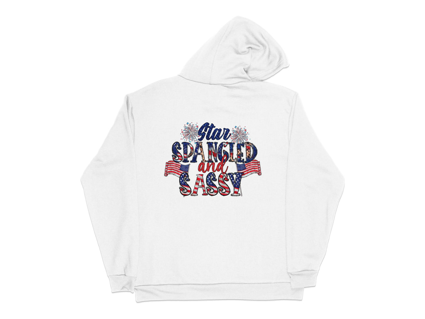 Star Spangled and Sassy Hoodie, Patriotic American Flag Print, Cozy White Sweatshirt for July 4th Celebration