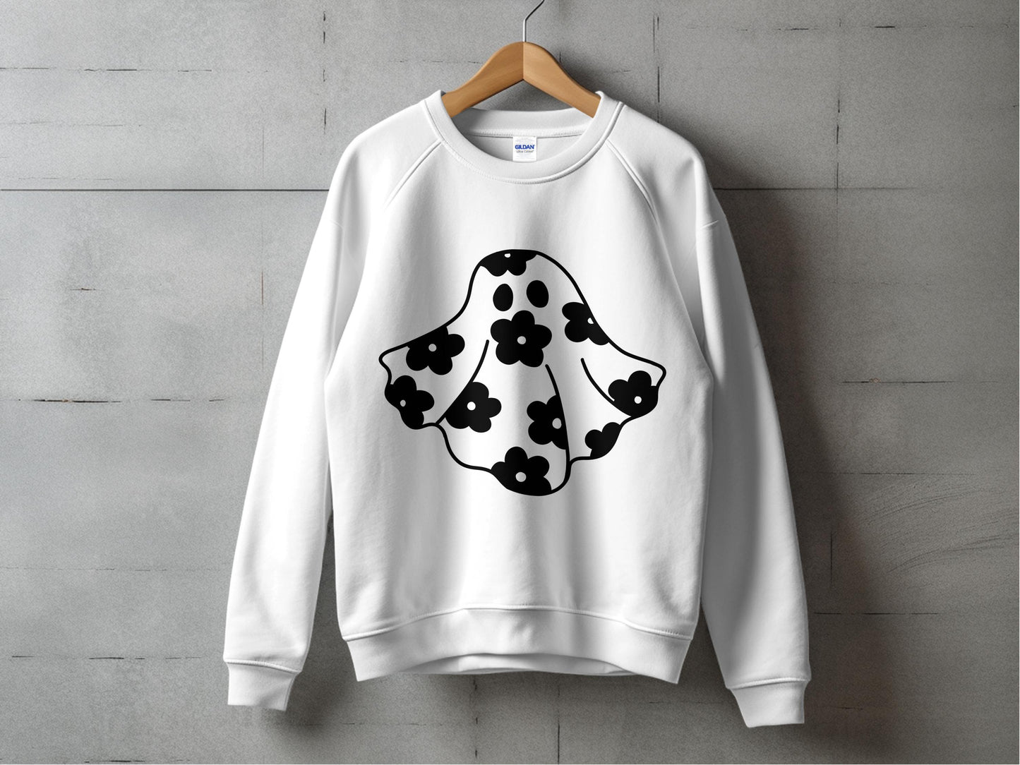 Unisex White Sweatshirt with Black Floral Ghost Print, Casual Pullover, Cozy Fall Fashion Top