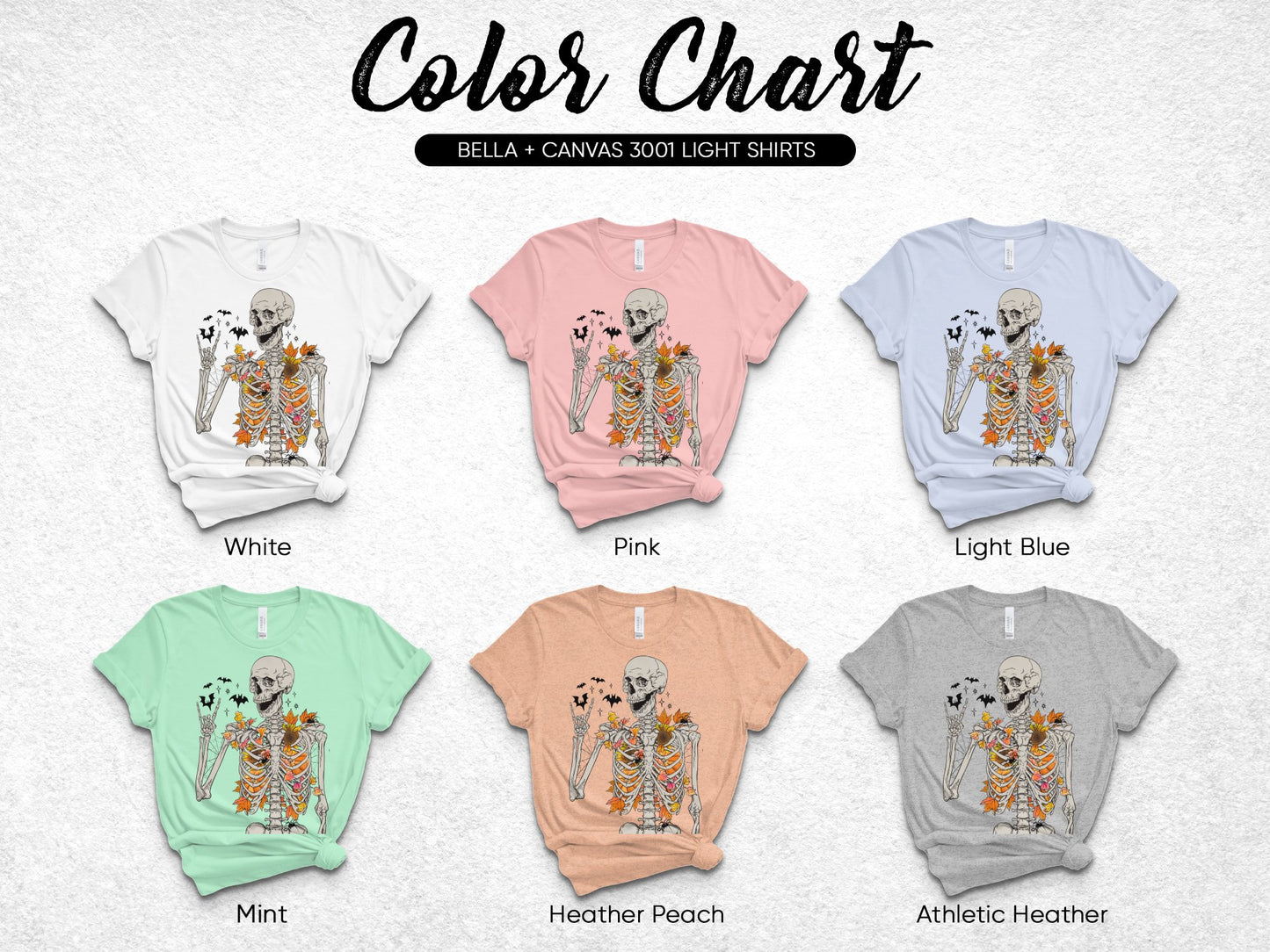 Bella Canvas 3001 T-Shirt, Skeleton Graphic Tee, Various Colors, Light Shirts, Trendy Design