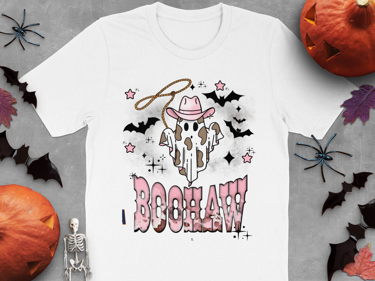Halloween Cowboy T-Shirt with Boo Y'All Text, Spooky Ghost in Hat, Bats, Fall Festival Apparel