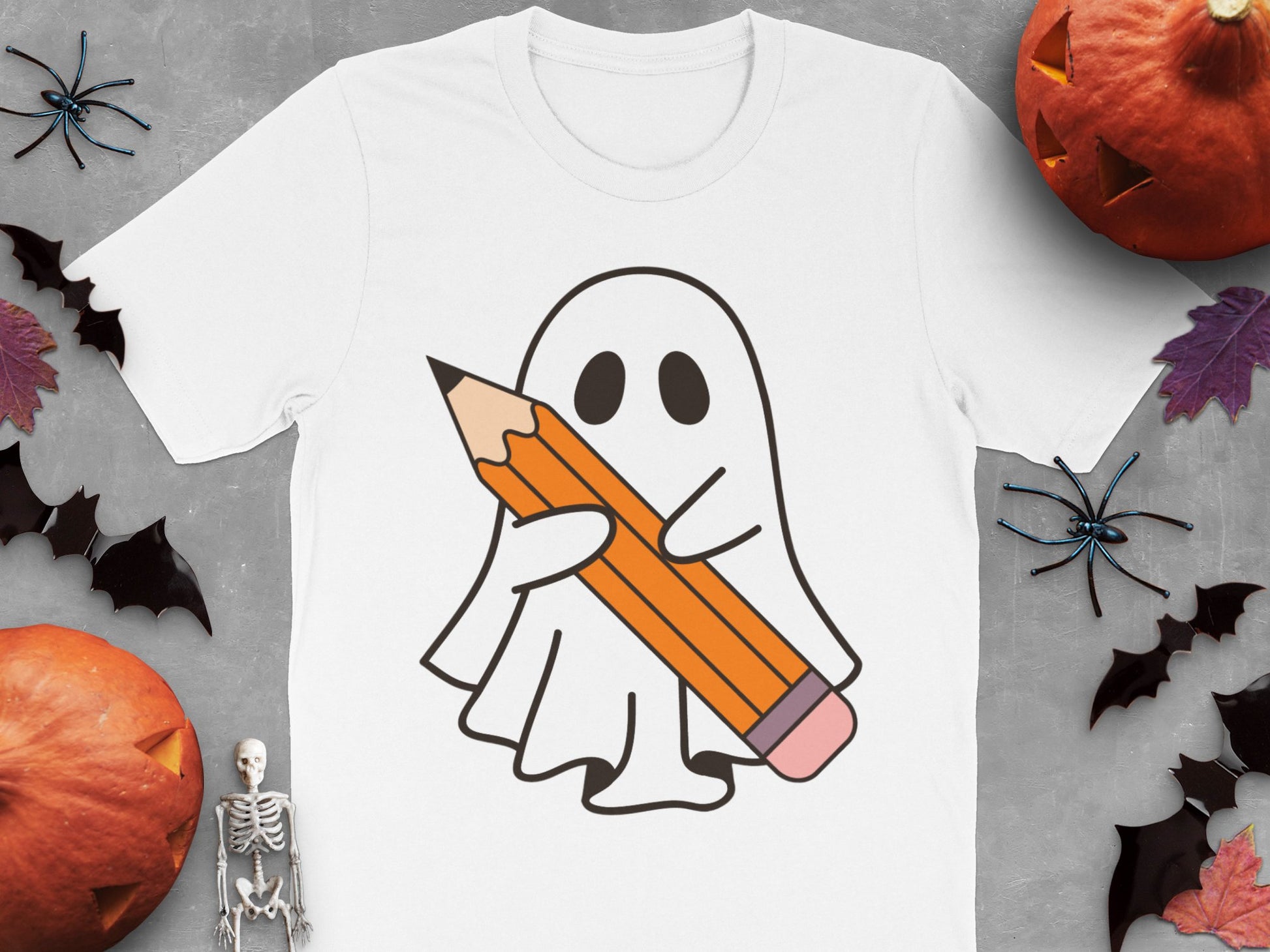 Cute Ghost Holding Pencil T-Shirt, Halloween Costume Tee, Spooky Graphic Shirt, Fall Festival Apparel