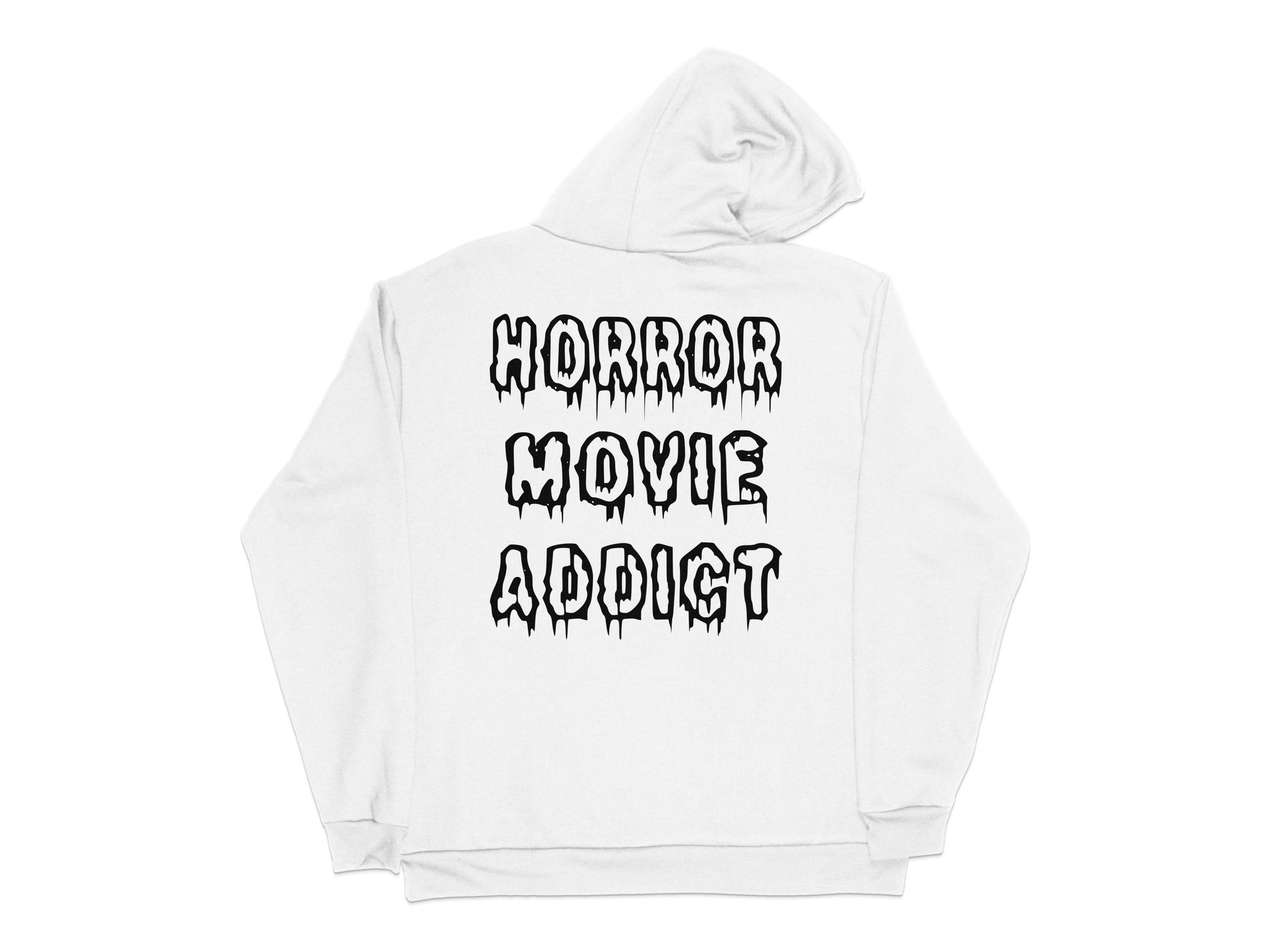 Horror Movie Addict White Hoodie, Unisex Horror Fan Pullover, Scary Movie Graphic Sweatshirt, Casual Streetwear
