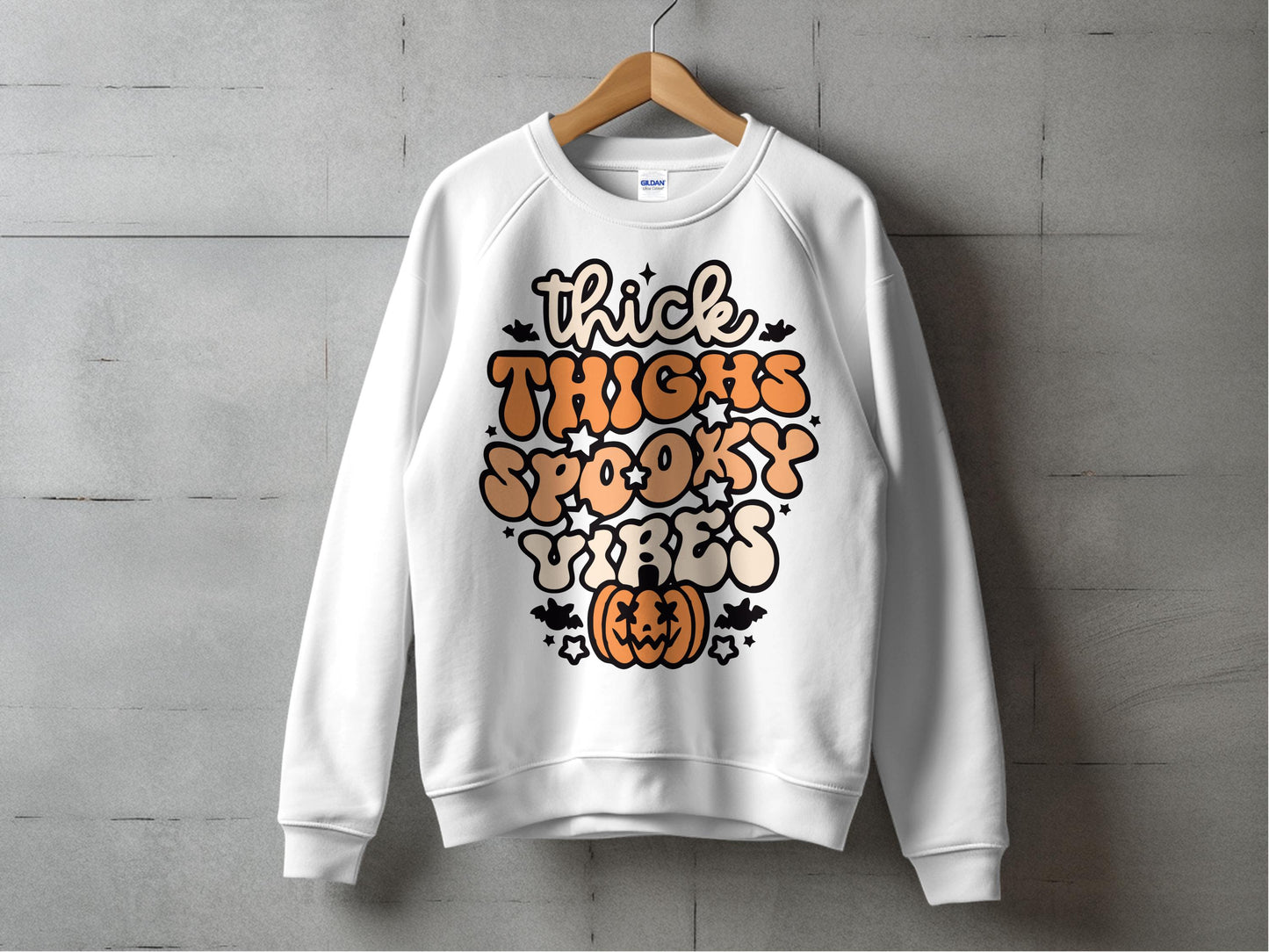 Thick Thighs Spooky Vibes Halloween Sweatshirt, Fall Pumpkin Graphic Pullover, Cozy Autumn Apparel, Casual Trendy Top for Women and Men