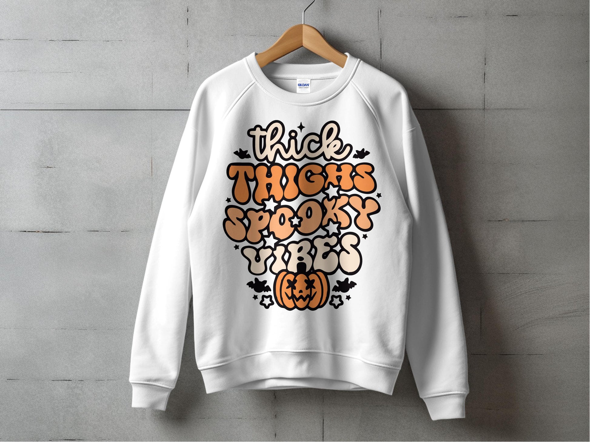 Thick Thighs Spooky Vibes Halloween Sweatshirt, Fall Pumpkin Graphic Pullover, Cozy Autumn Apparel, Casual Trendy Top for Women and Men