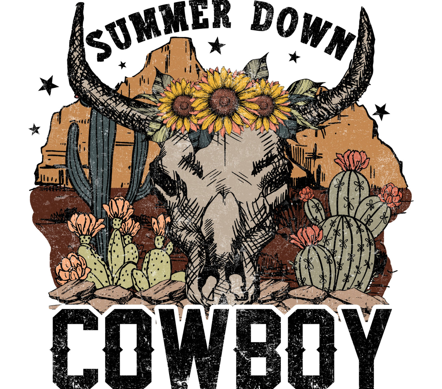 Rustic Summer Down Cowboy Skull T-Shirt, Western Cow Skull with Sunflowers, Cactus Graphic Tee, Boho Desert Style Apparel