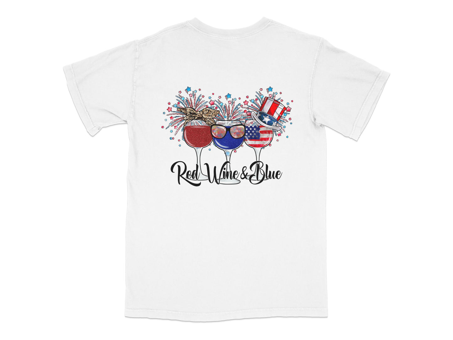 Patriotic T-Shirt Red Wine and Blue USA Flag Sunglasses Fireworks Graphic Tee