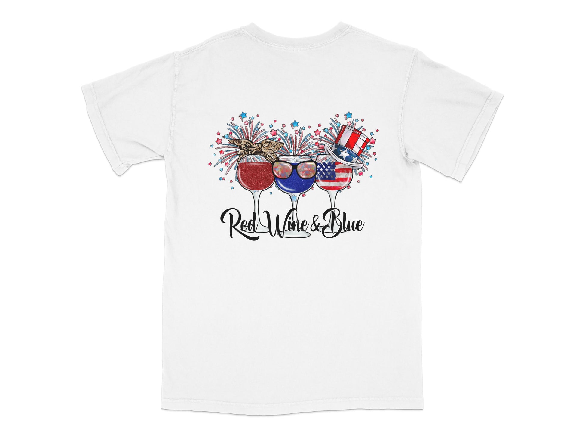 Patriotic T-Shirt Red Wine and Blue USA Flag Sunglasses Fireworks Graphic Tee