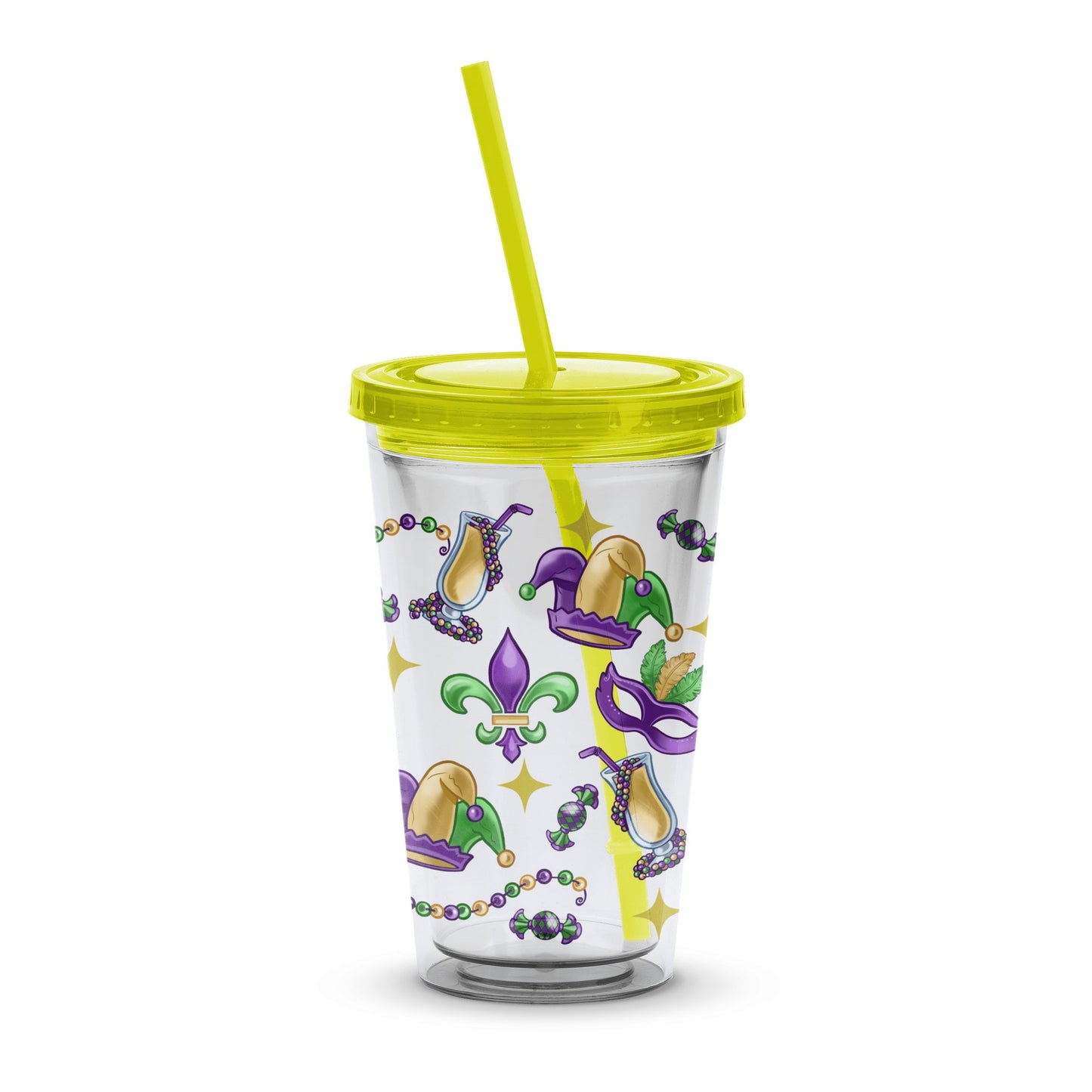 Mardi Gras Themed Tumbler with Lid and Straw, Colorful Beads and Masks Print, Insulated Drinkware for Party