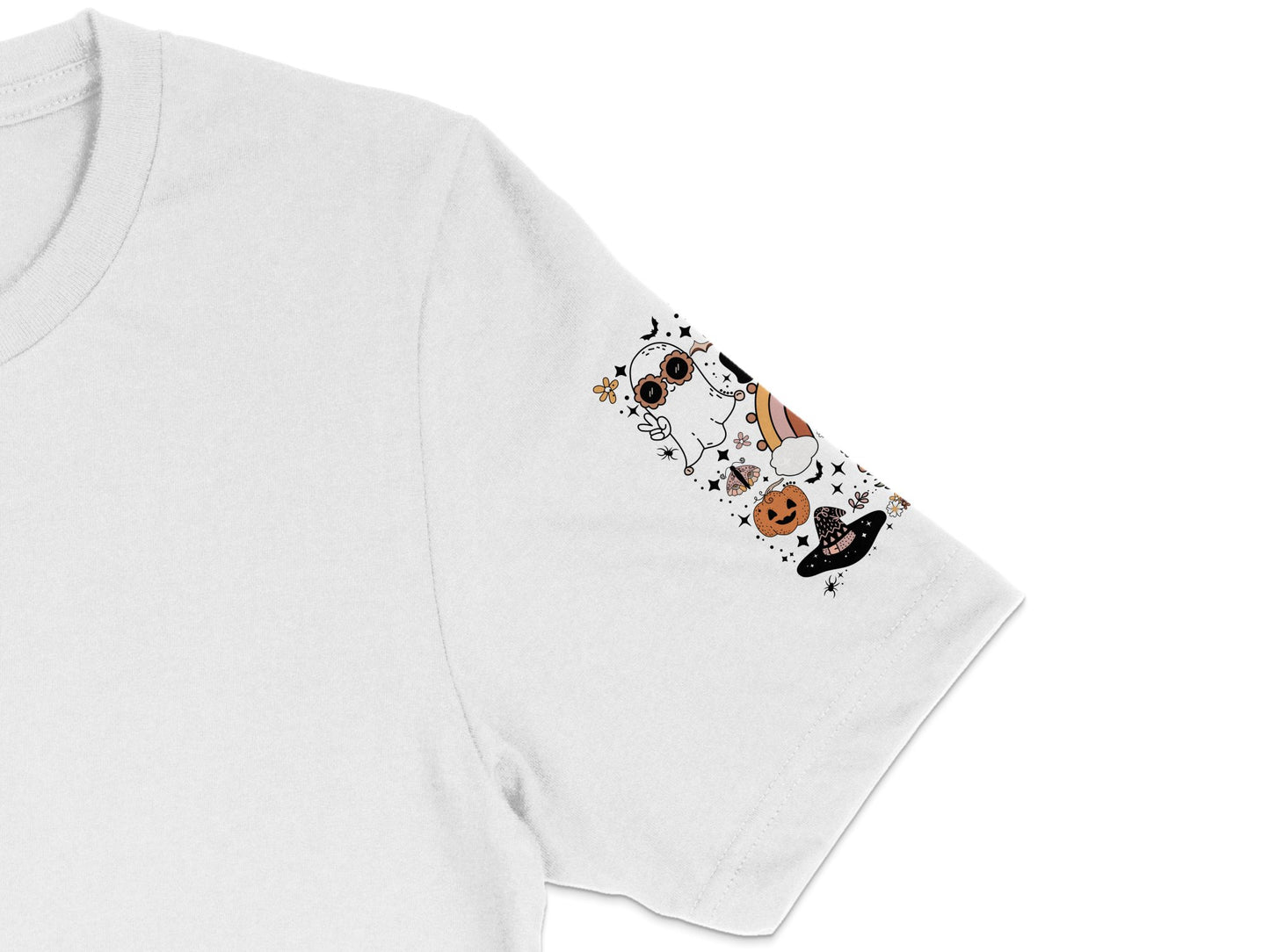 Women's White T-Shirt with Halloween Pumpkin and Ghost Pocket Print, Casual Fall Fashion Tee, Cute Autumn Apparel