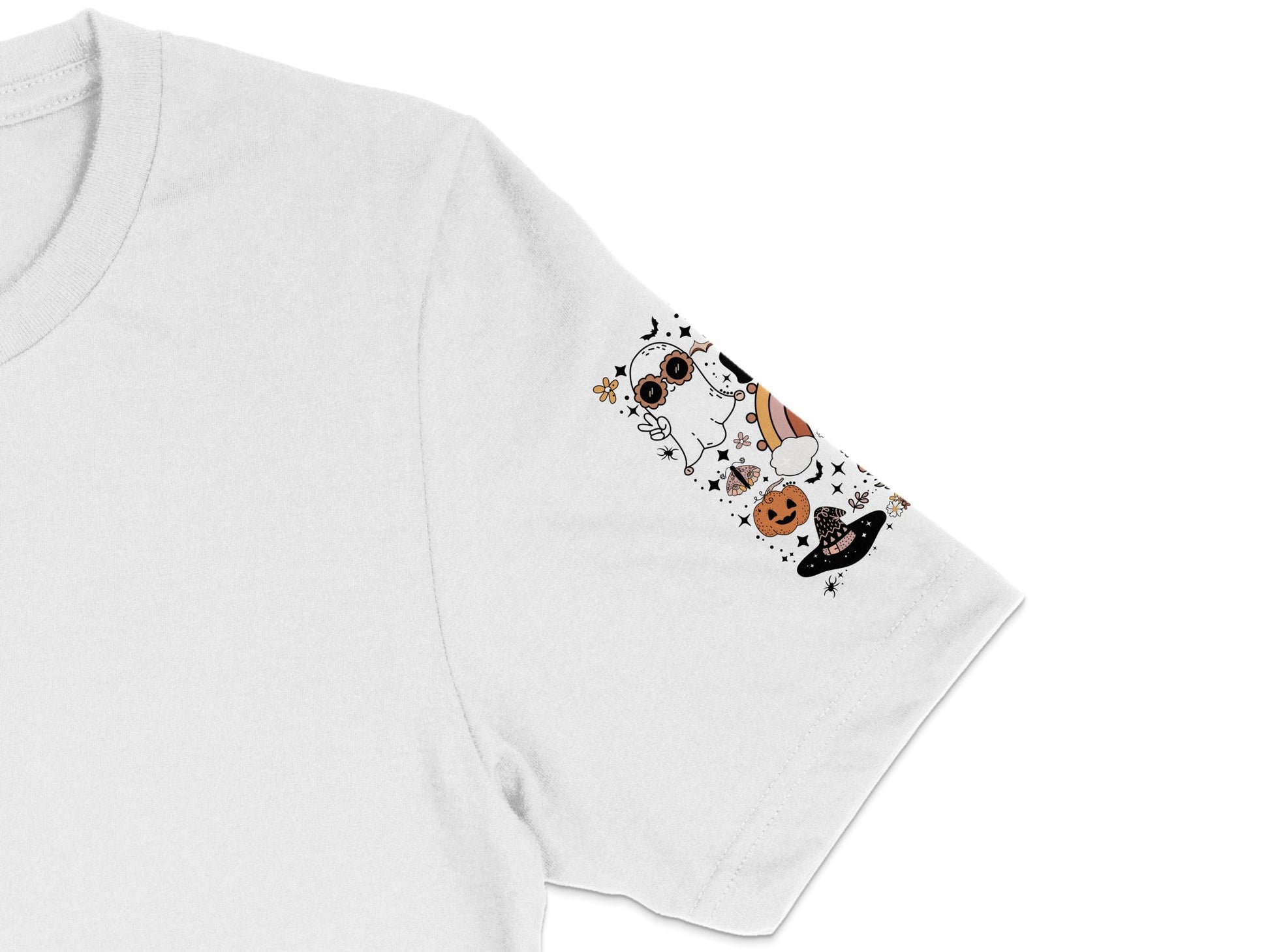 Women's White T-Shirt with Halloween Pumpkin and Ghost Pocket Print, Casual Fall Fashion Tee, Cute Autumn Apparel