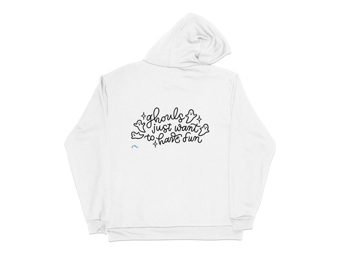 White Hoodie with Fun Ghost Design, Casual Graphic Sweatshirt, Unisex Fall Fashion, Comfortable Clothing for All Ages