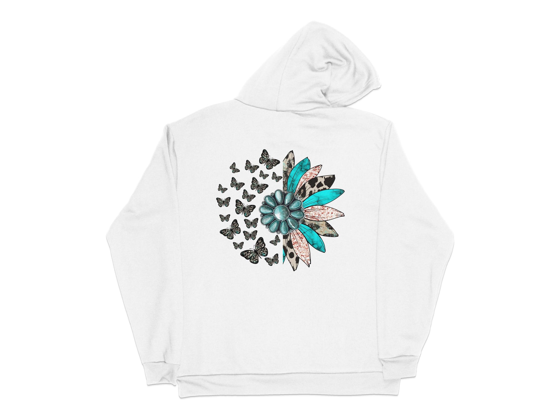 White Hoodie with Teal and Black Floral Butterfly Print, Casual Pullover Sweatshirt