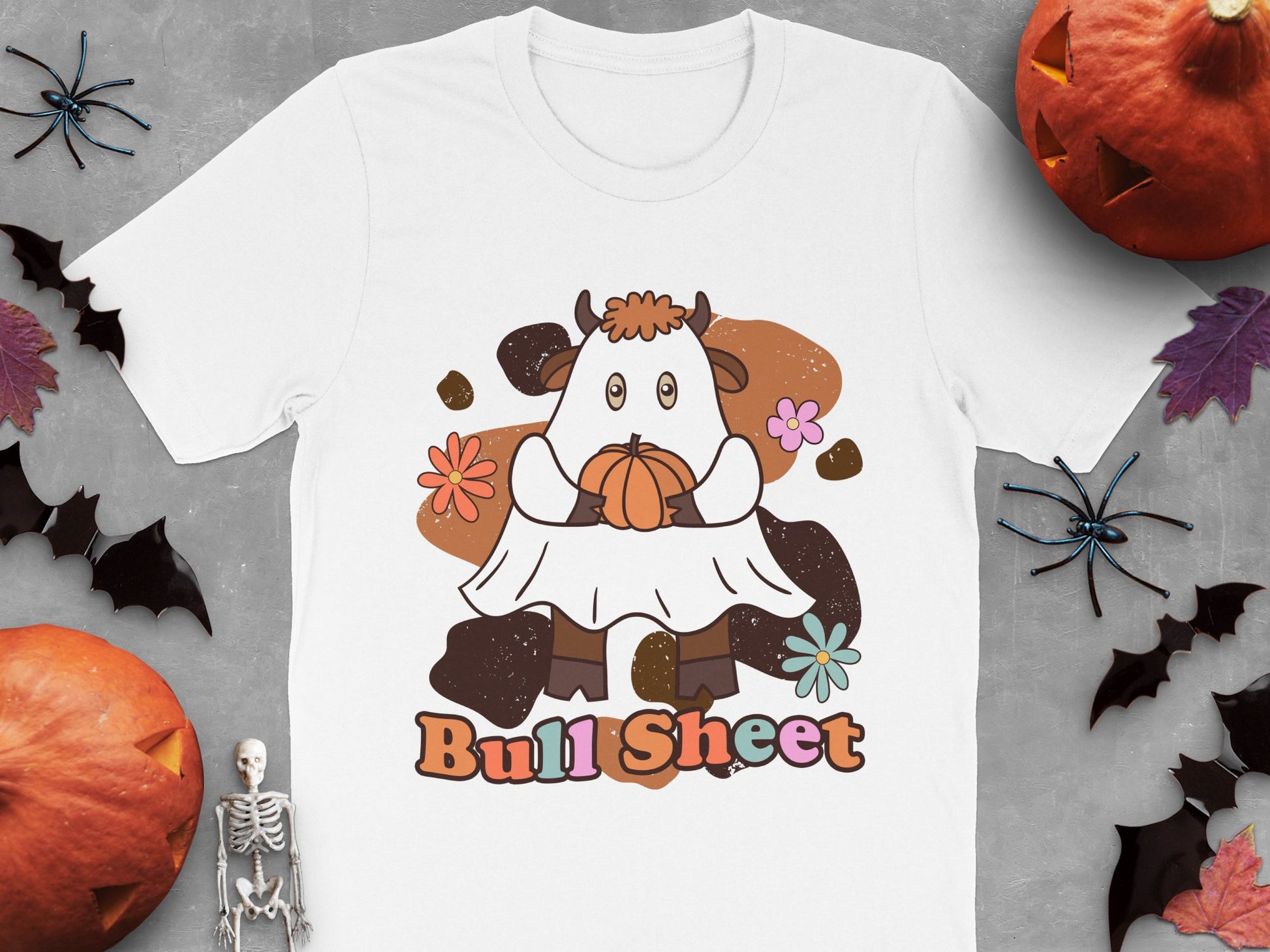 Halloween Themed T-Shirt Bull Cartoon Design, Autumn Pumpkin Graphic Tee, Funny Fall Casual Apparel