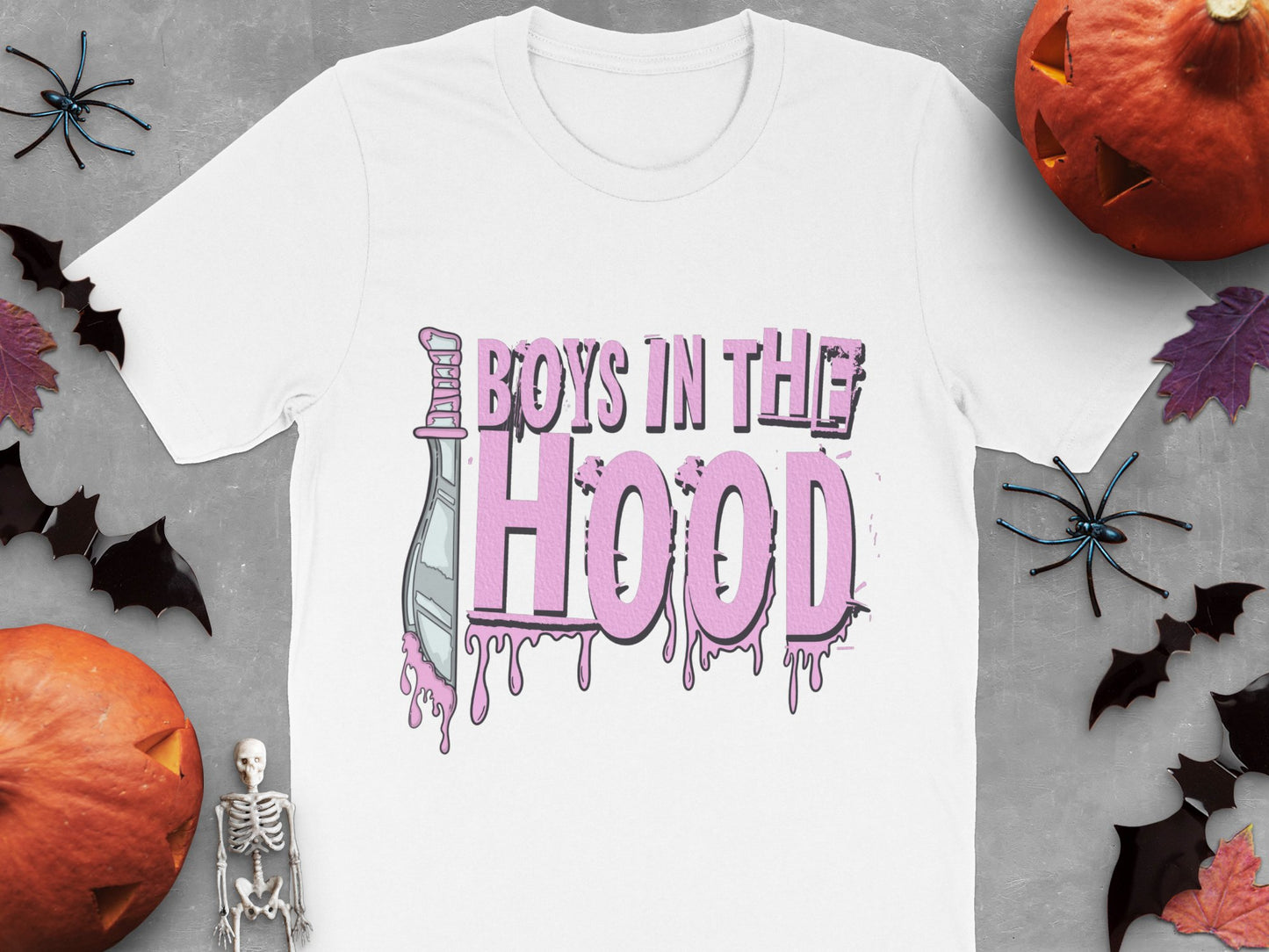 Boys in the Hood Halloween T-Shirt, Spooky Skeleton and Pumpkin Graphic Tee, Fall Festival Apparel