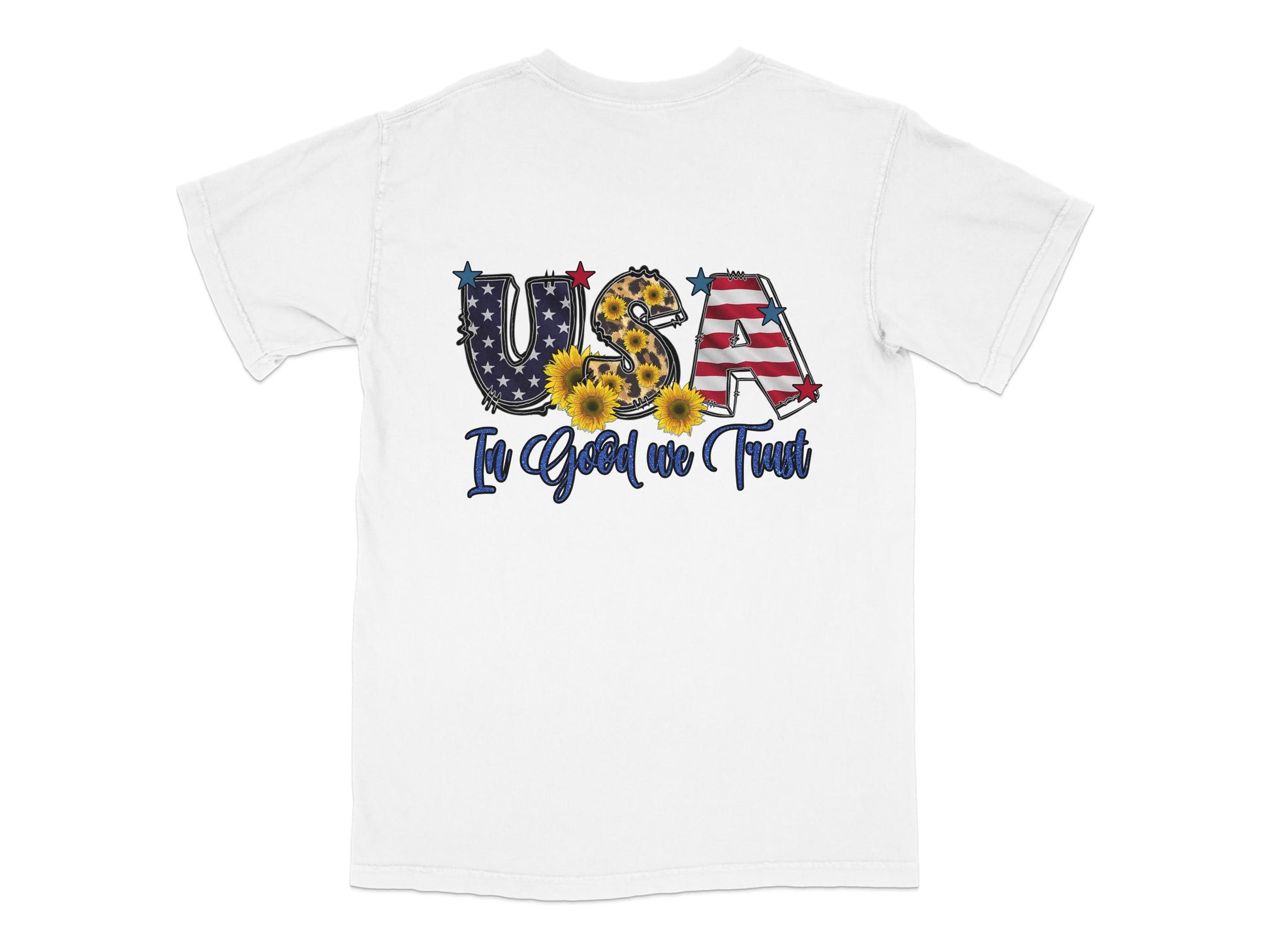 USA Patriotic T-Shirt, In God We Trust Floral Design, Stars Stripes Sunflowers, Summer Casual Wear, Unisex Adult Tee