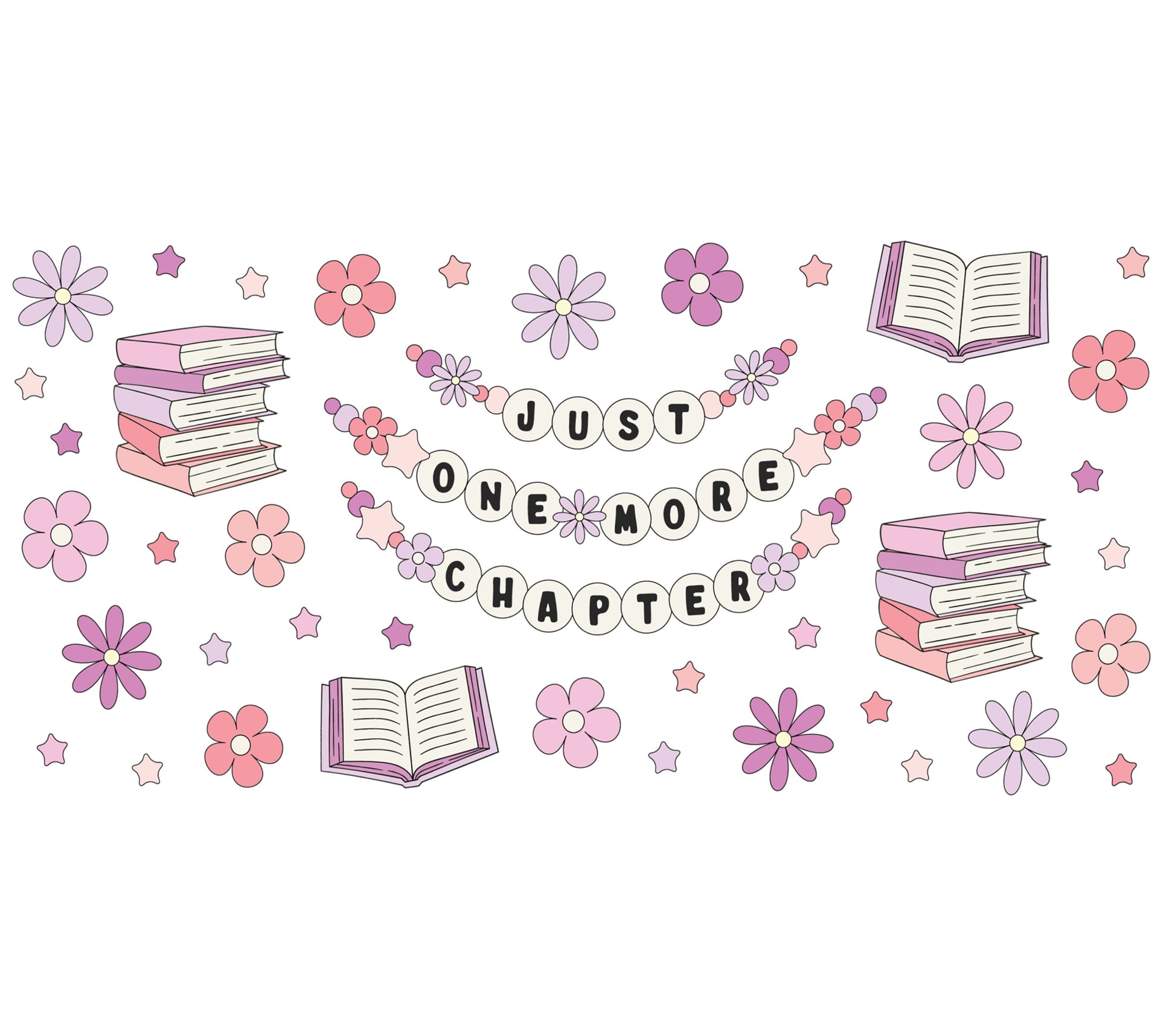 Just One More Chapter Book Lover Quote, Stacked Books and Flowers Art Print, Pink and Purple Wall Decor for Library or Bedroom