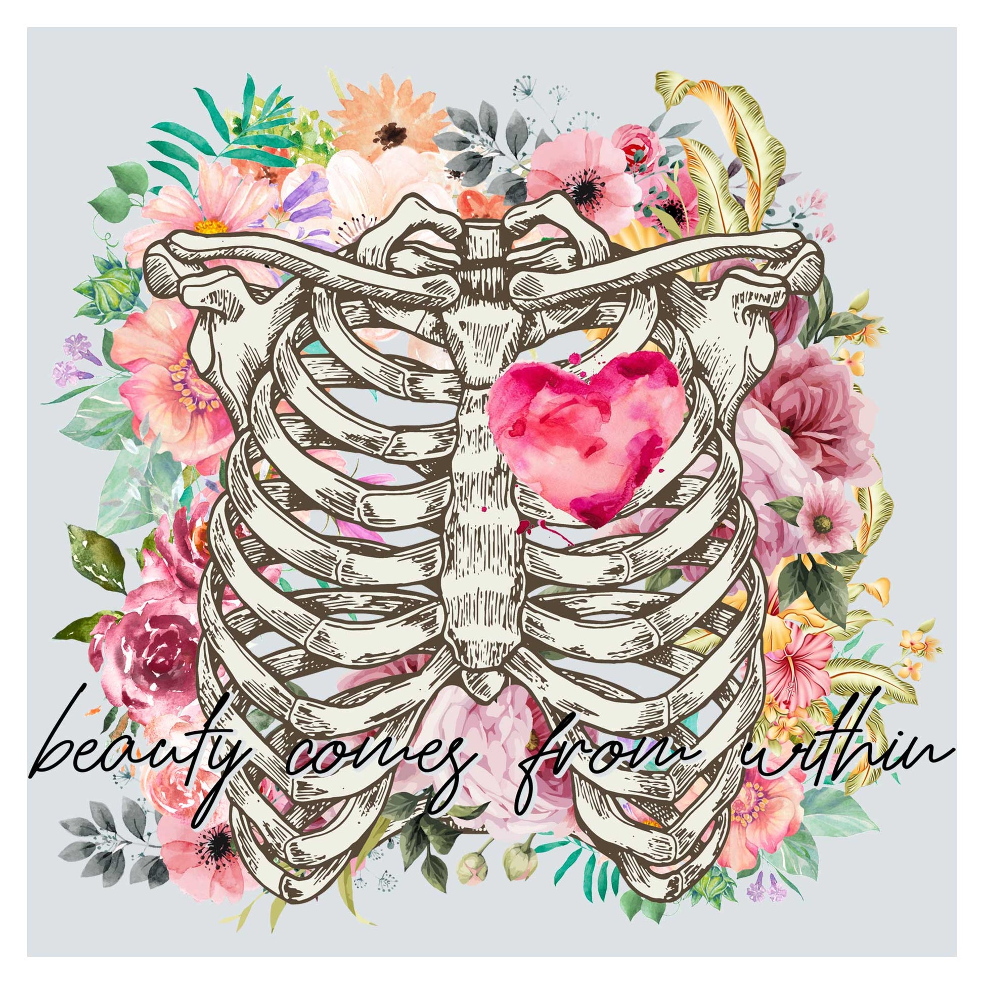 a drawing of a skeleton with a heart in the middle of it