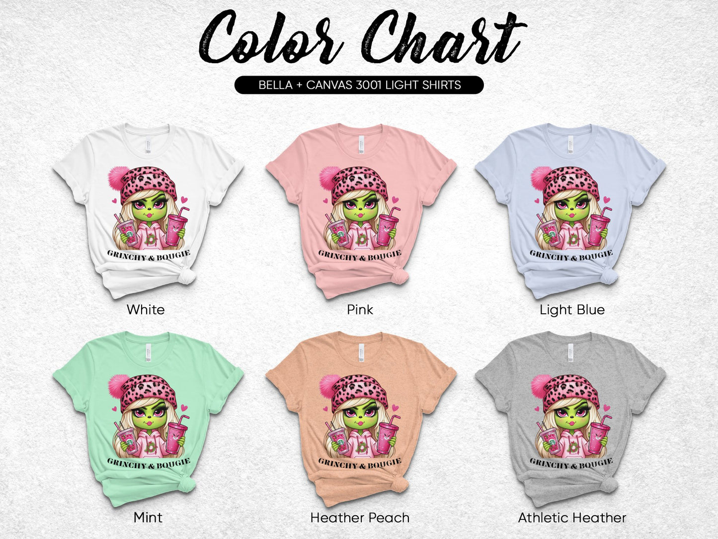 Bella Canvas 3001 Light T-Shirts in Various Colors with Funky Girl Print Design