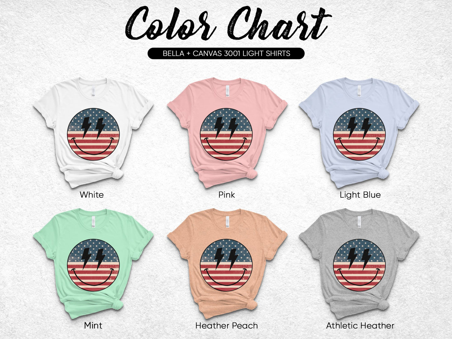 American Flag Heart Design T-Shirt, Bella Canvas 3001 Color Chart, Multiple Colors Available