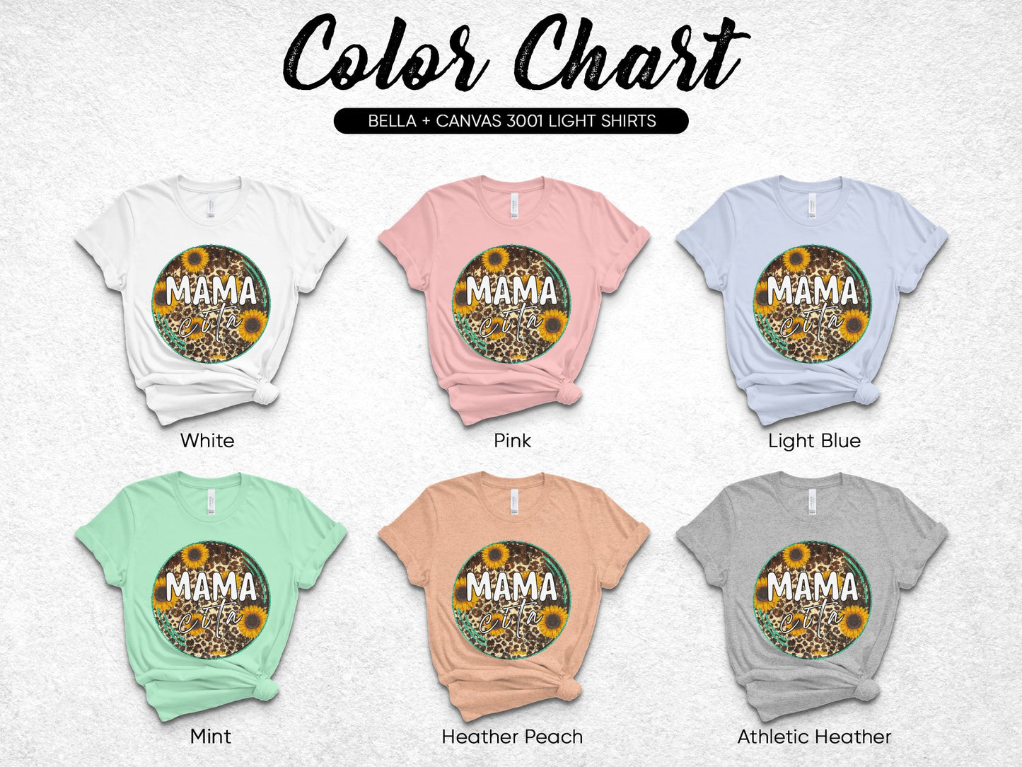 Mama Leopard Print T-Shirt Color Chart, Bella Canvas 3001, Women's Fashion Tops in White, Pink, Blue, Mint, Peach