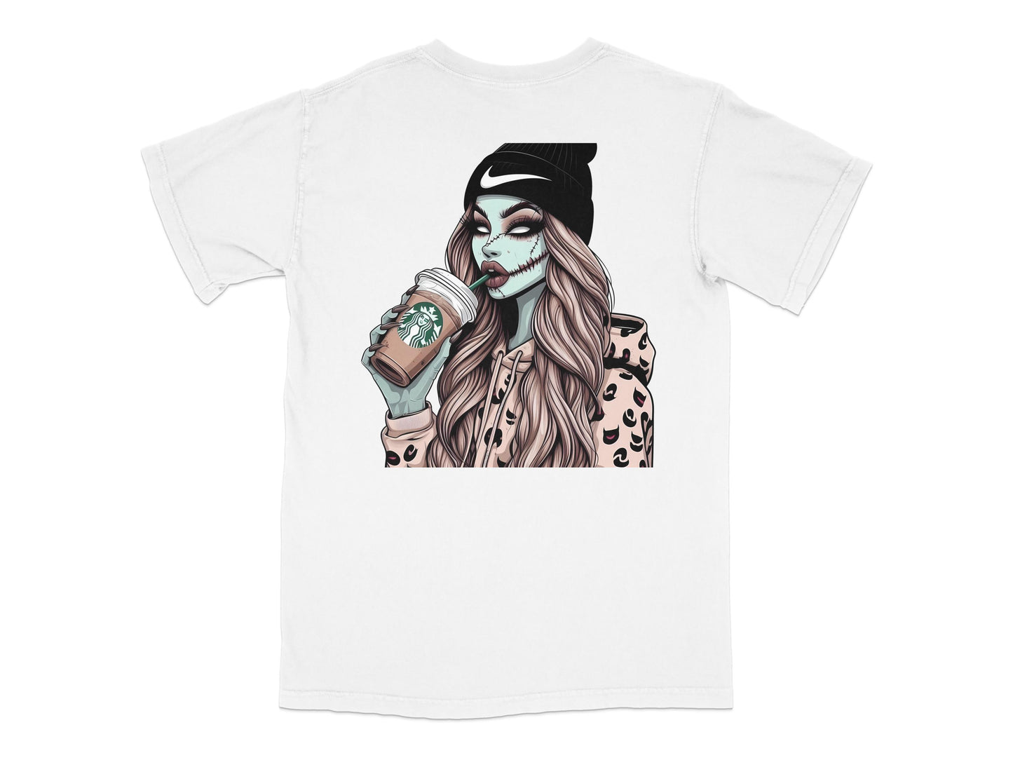 Graphic T-Shirt with Stylish Zombie Girl Drinking Coffee, Modern Artistic Design, Casual Wear