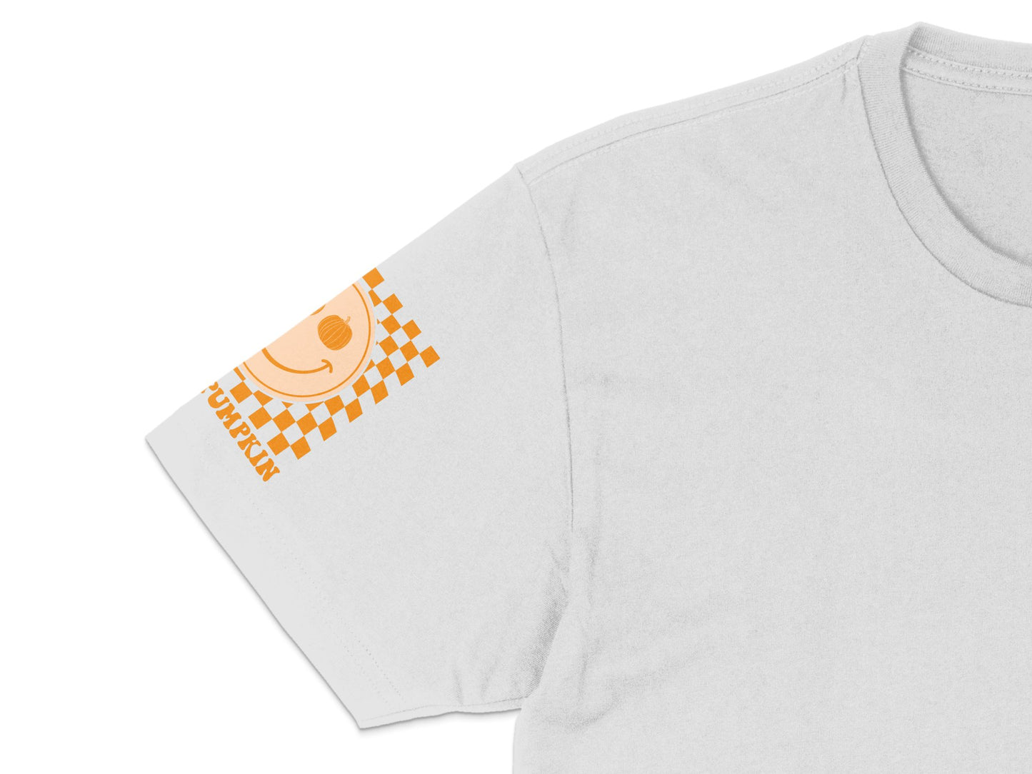 White T-Shirt with Orange Checkered Pattern and Smile Graphic, Unisex Casual Wear