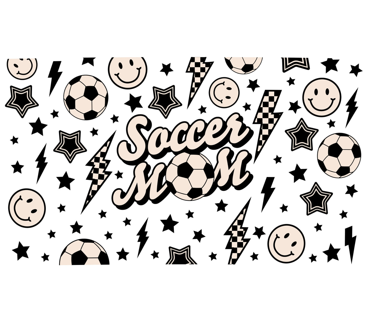 Soccer Mom T-Shirt Design, Black and White Sports Theme, Youth Soccer Graphic Tee, Fun Soccer Balls and Stars Print
