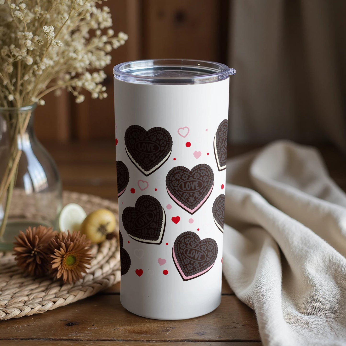 Love Heart Cookies Design Insulated Tumbler, Stainless Steel Travel Mug, Gift for Valentine's Day, Romantic Drinkware