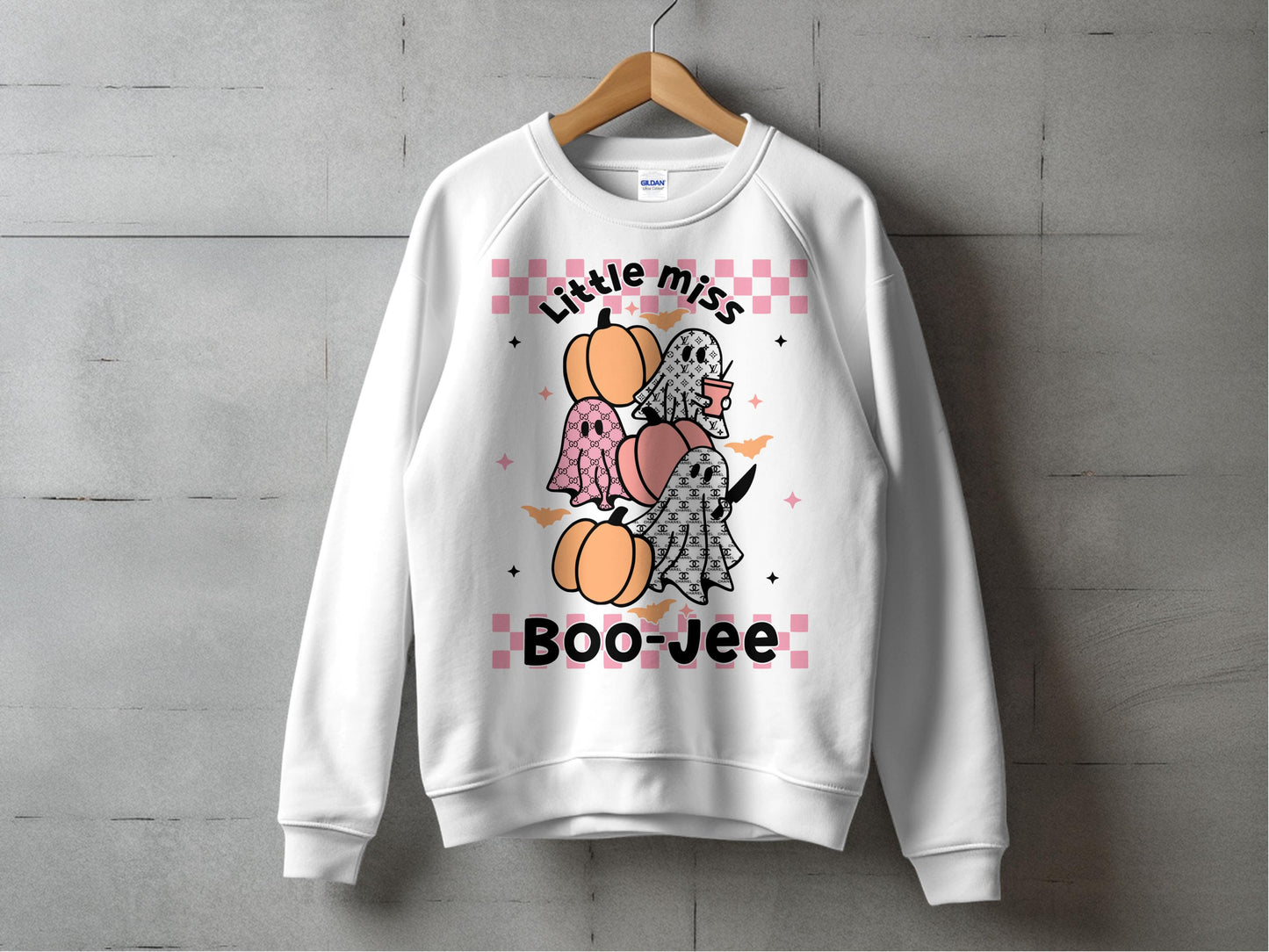 Little Miss Boo-Jee Sweatshirt, Cute Ghost and Pumpkin Graphic, Cozy Fall Clothing, Halloween Party Outfit Pullover, Trendy Autumn Wear