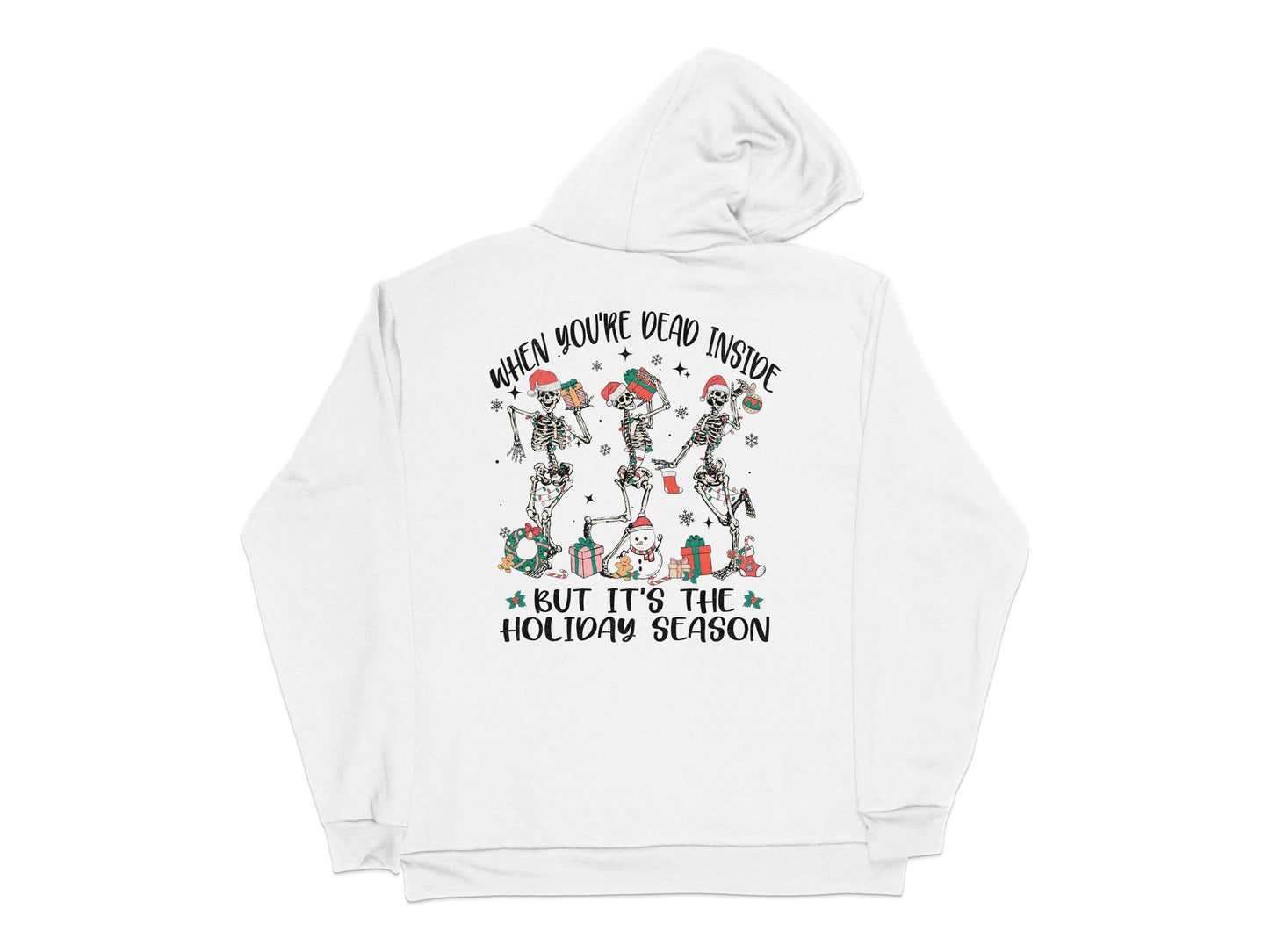 Funny Zombie Christmas Hoodie, Dead Inside Holiday Season Sweatshirt, Unisex White Hoodie with Graphic Print, Festive Apparel