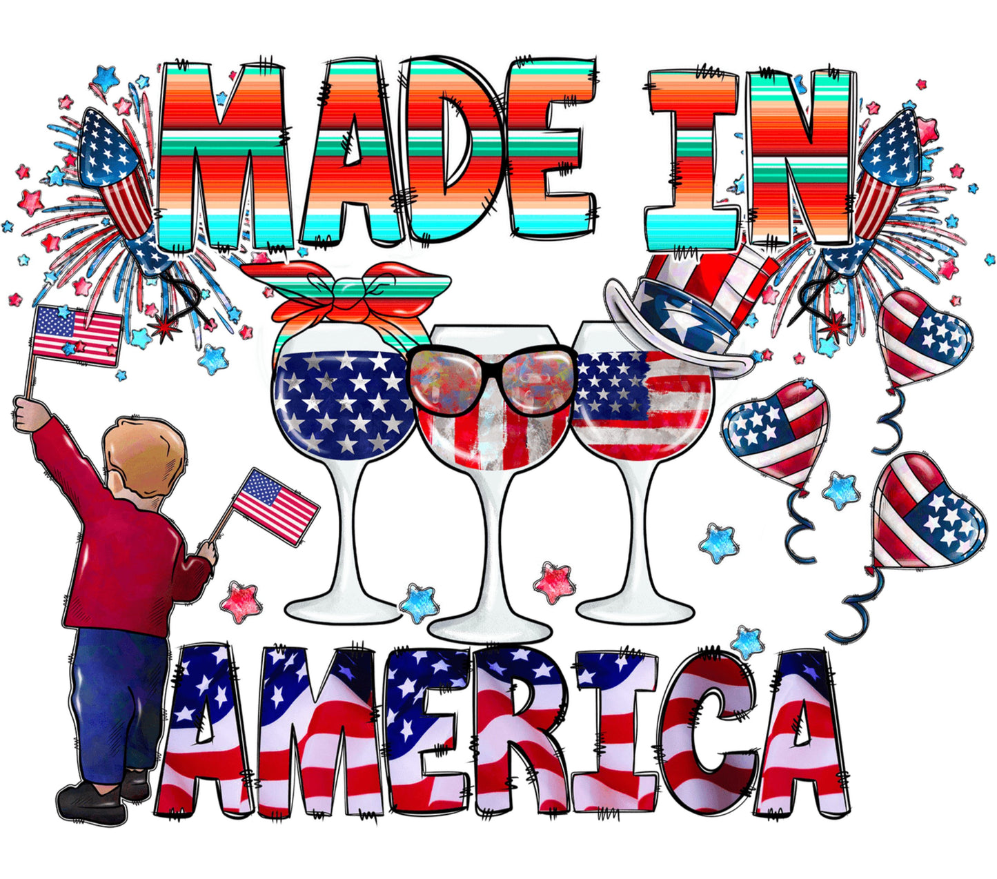 Patriotic 'Made in America' Graphic Art Print, Child with Flag, Fireworks, Festive Party Decor