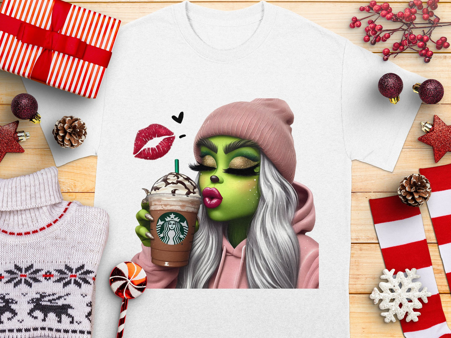 Winter Fashion Zombie Girl Graphic T-Shirt, Funky Green Skin Illustration, Stylish Casual Wear, Holiday Gift Idea