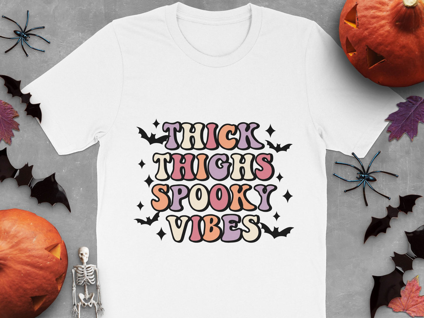 Halloween Themed T-Shirt, Thick Thighs Spooky Vibes, Funny Fall Tee, Skeleton and Pumpkin Decor