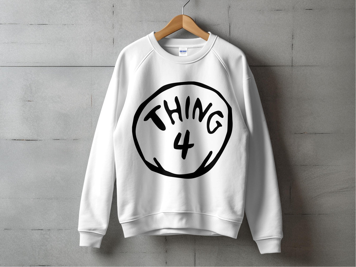 Thing 4 Sweatshirt, White Crewneck Pullover, Casual Graphic Top, Unisex Adult Clothing, Fun Group Apparel