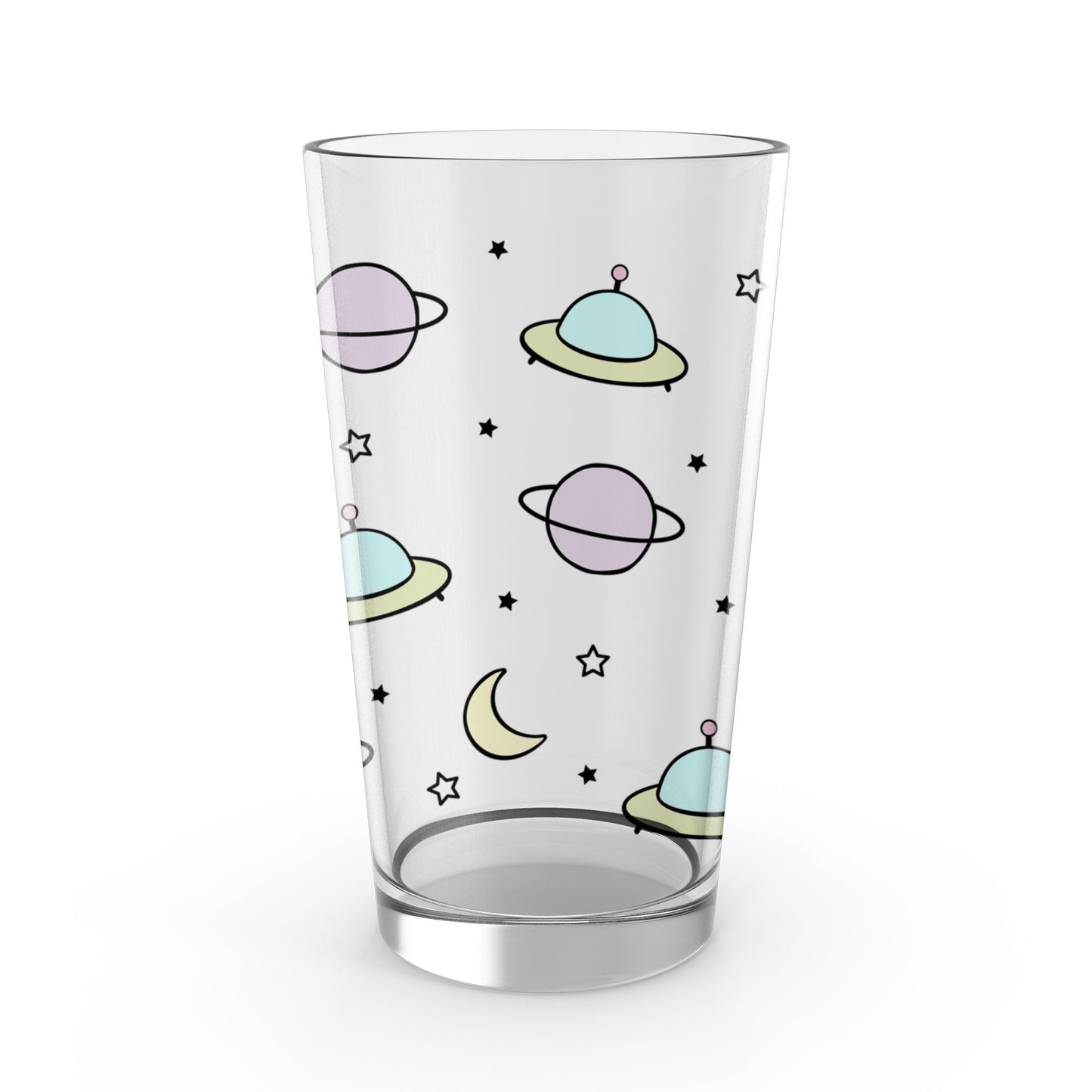 Space Theme Drinking Glass, Colorful Planets and Stars, Clear Tall Tumbler, Celestial Kitchen Decor