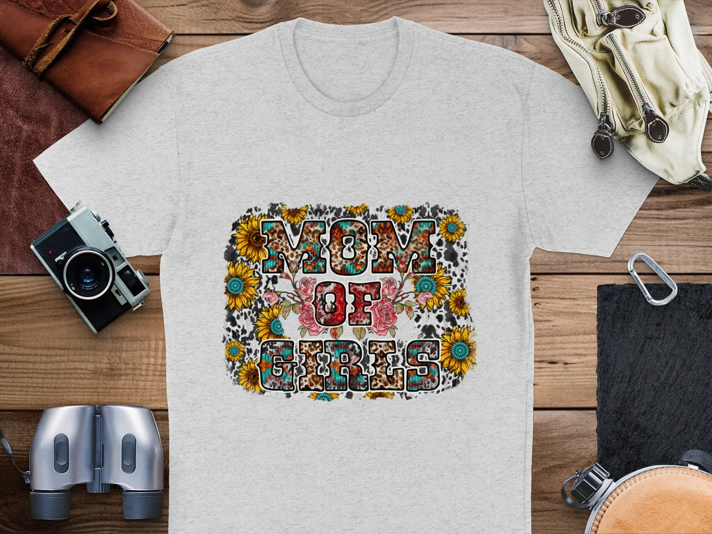 Women's Graphic Tee 'Mom of Girls' Sunflower and Leopard Print T-shirt Stylish Casual Wear