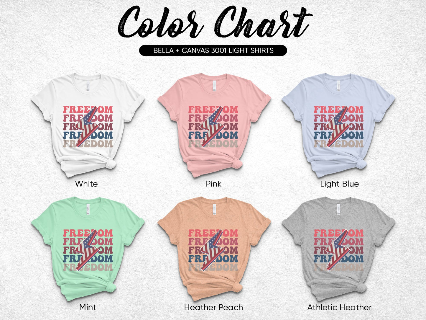 Bella Canvas 3001 T-Shirt Color Chart, Unisex Light Cotton Tees, Variety Pack Options