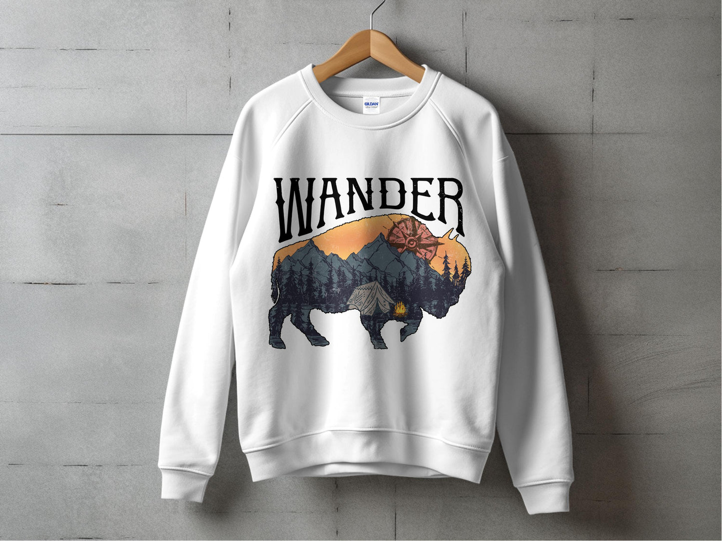 Wander Buffalo Graphic Sweatshirt, Outdoor Adventure Nature Inspired Crewneck, Unisex Hiking Apparel, Wilderness Casual Pullover