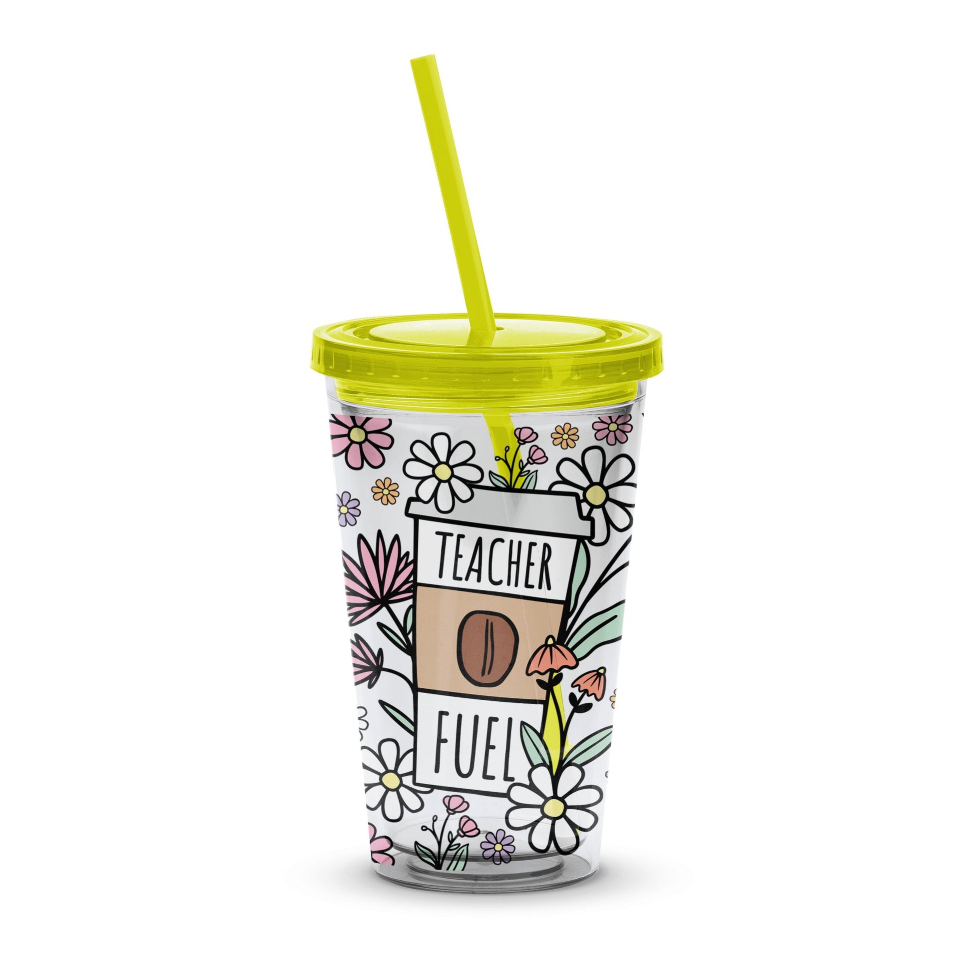 Teacher Fuel Tumbler, Floral Coffee Design Insulated Cup with Lid and Straw, Gift for Teachers