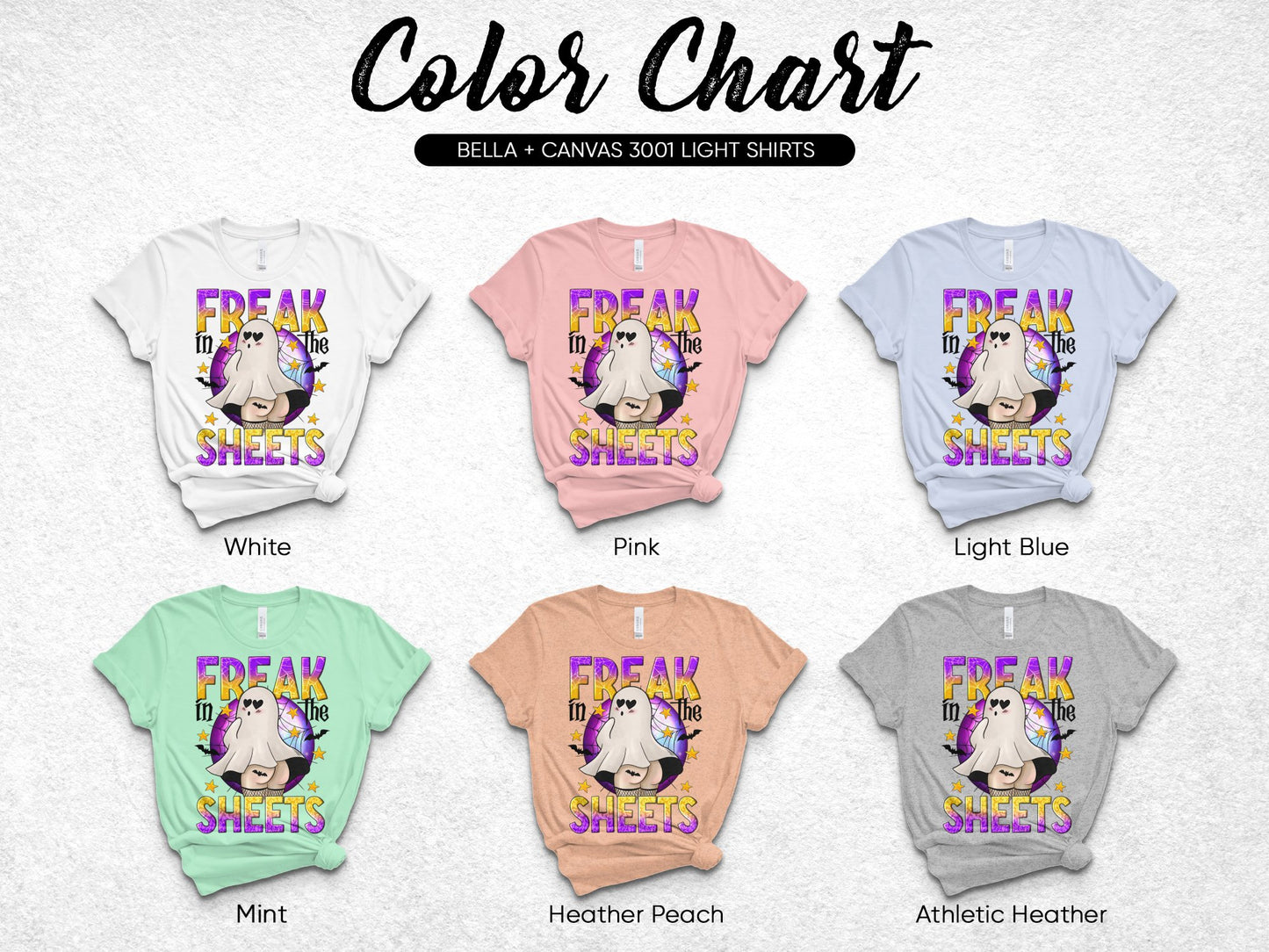 Funny Unicorn T-Shirt Color Chart, Freak in the Sheets Graphic Tee, Bella Canvas 3001 Light Shirts
