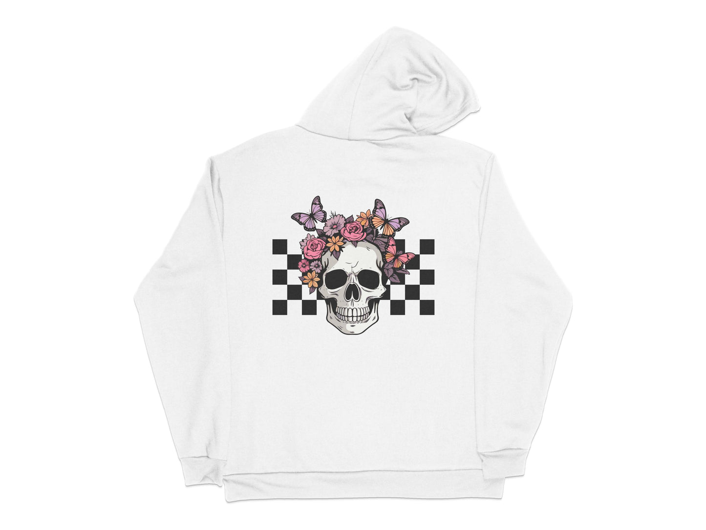Floral Skull Hoodie, Checkered Pattern Back Print, Goth Aesthetic Sweatshirt, Unisex Fashion Pullover