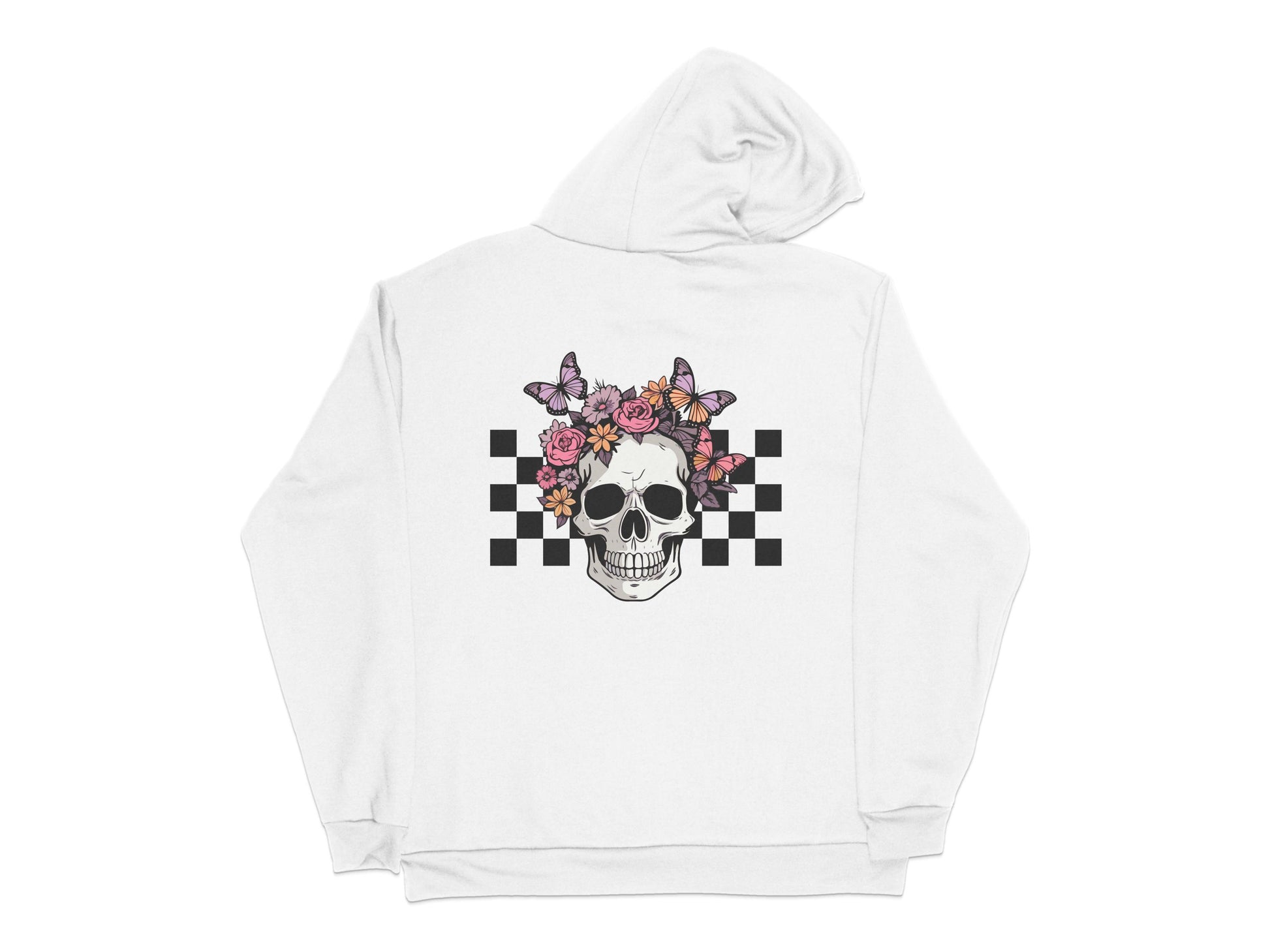 Floral Skull Hoodie, Checkered Pattern Back Print, Goth Aesthetic Sweatshirt, Unisex Fashion Pullover